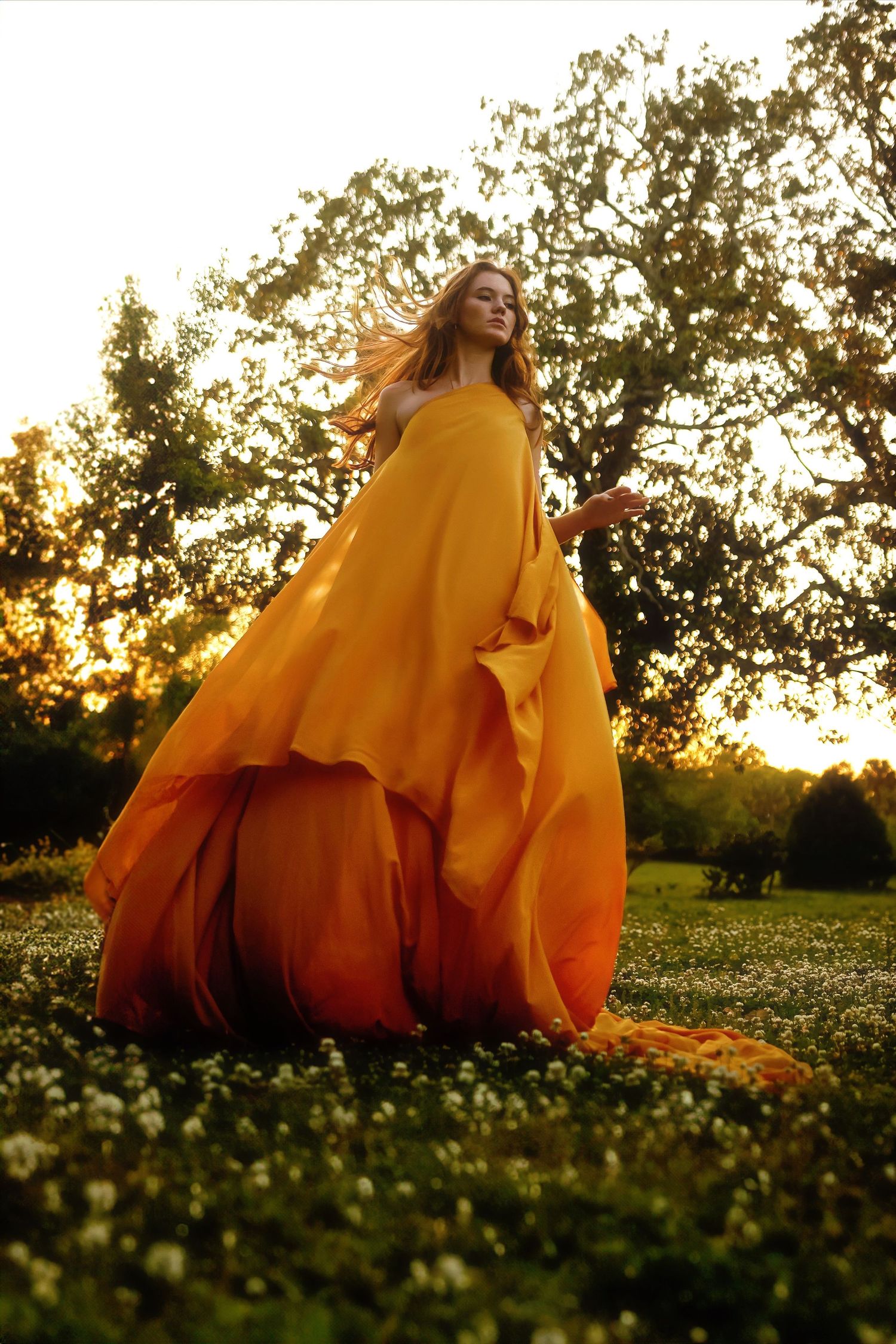 Person in flowing yellow-orange dress dancing in a sunlit meadow at golden hour with trees in the background.