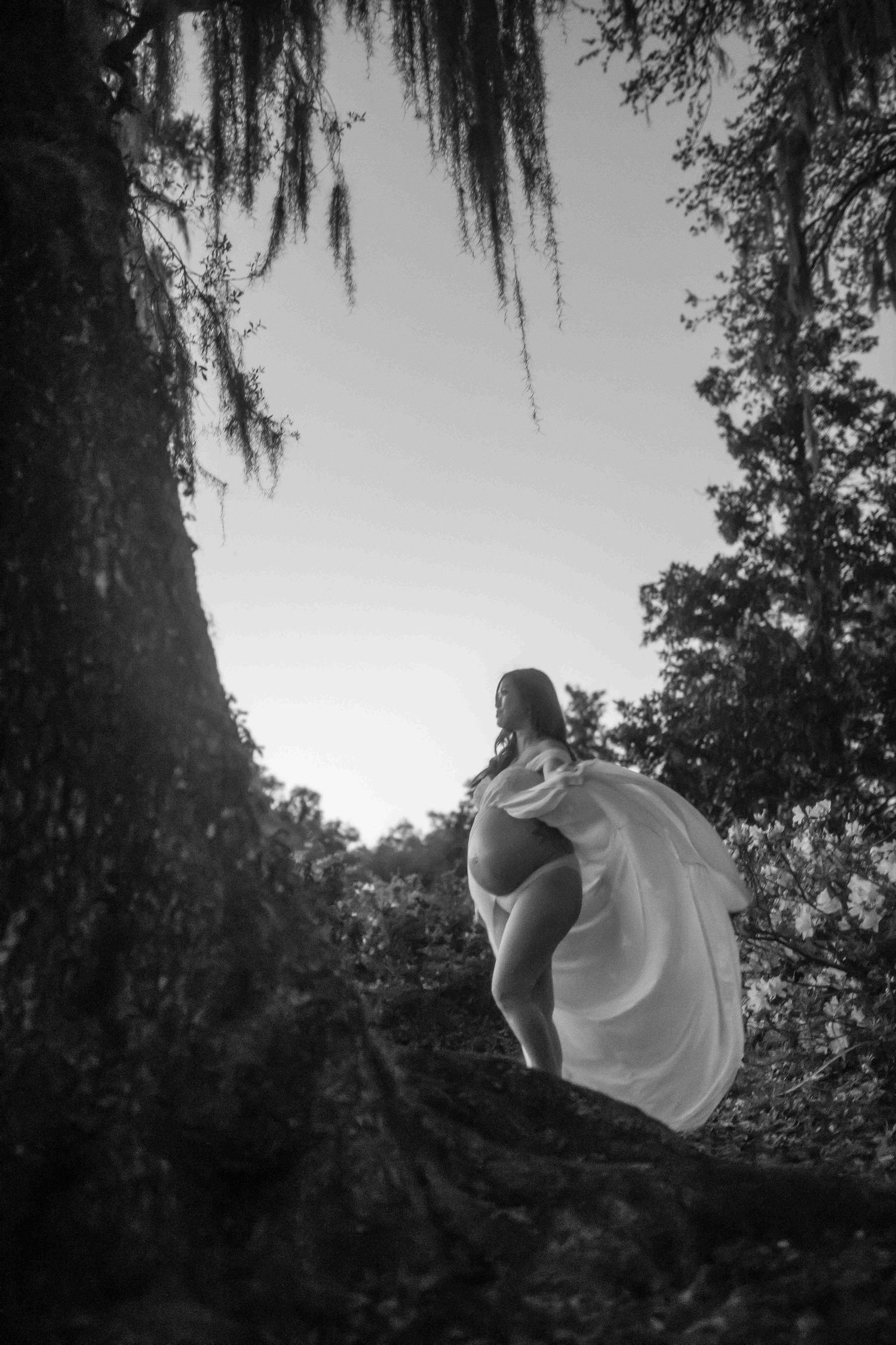 Black and white maternity photo of pregnant woman in flowing white gown standing among mossy trees outdoors.
