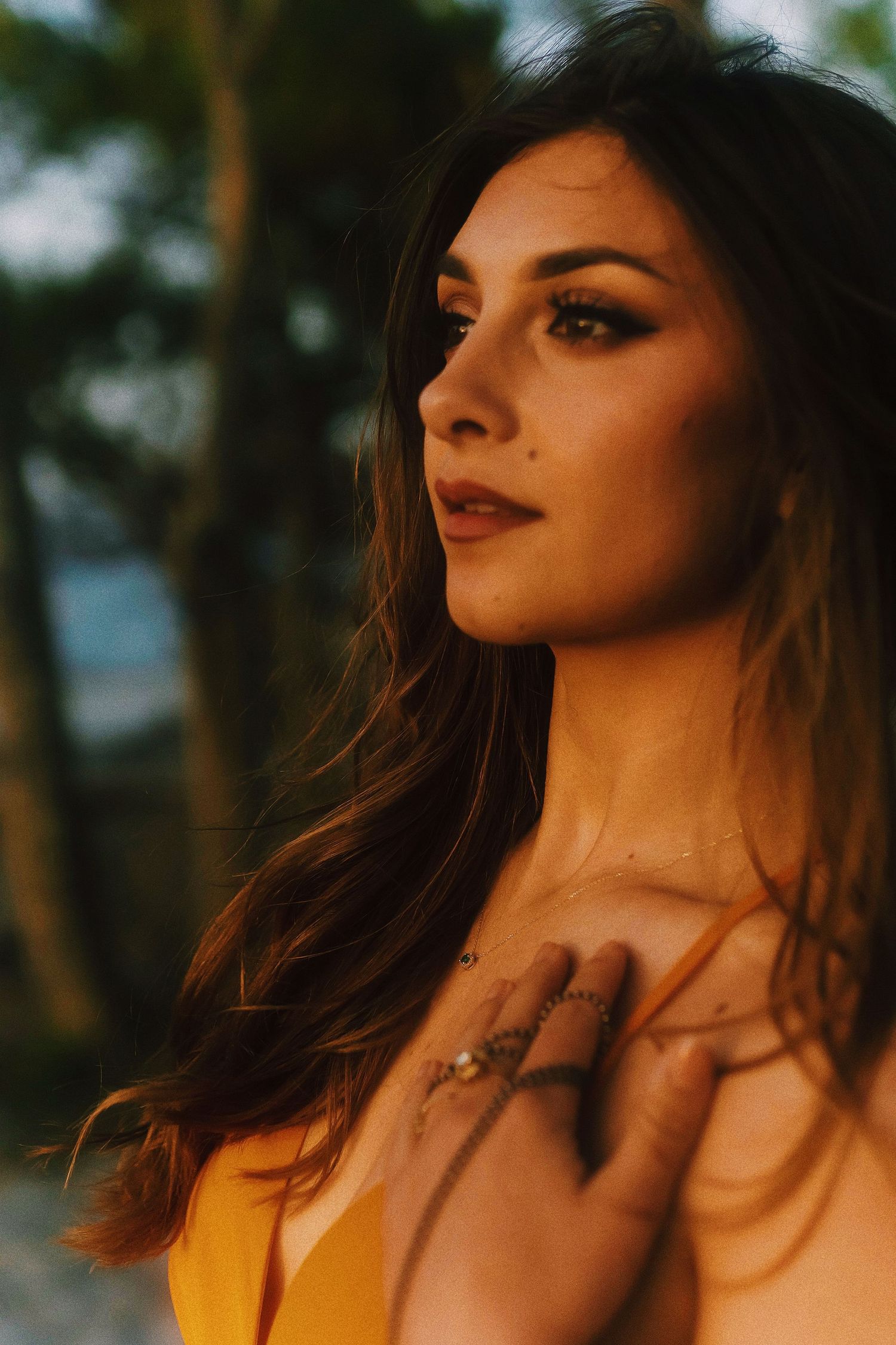 A series of profile portraits in warm golden lighting showing dramatic angles and expressions.