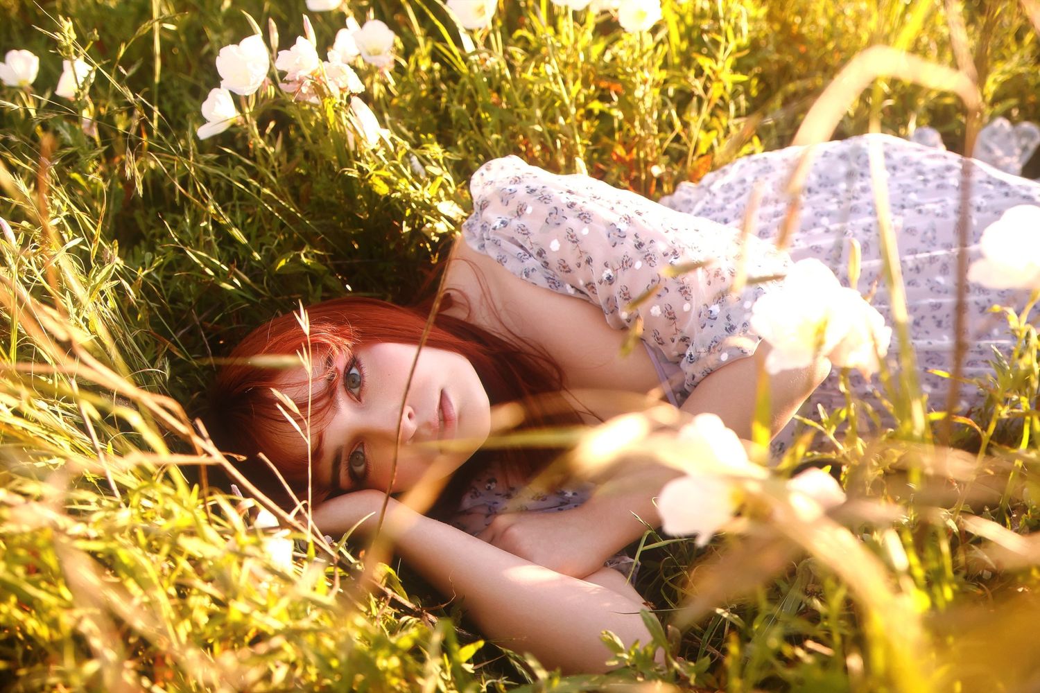 A dreamy summer scene with someone lying in tall golden grass as sunlight filters through the blades.