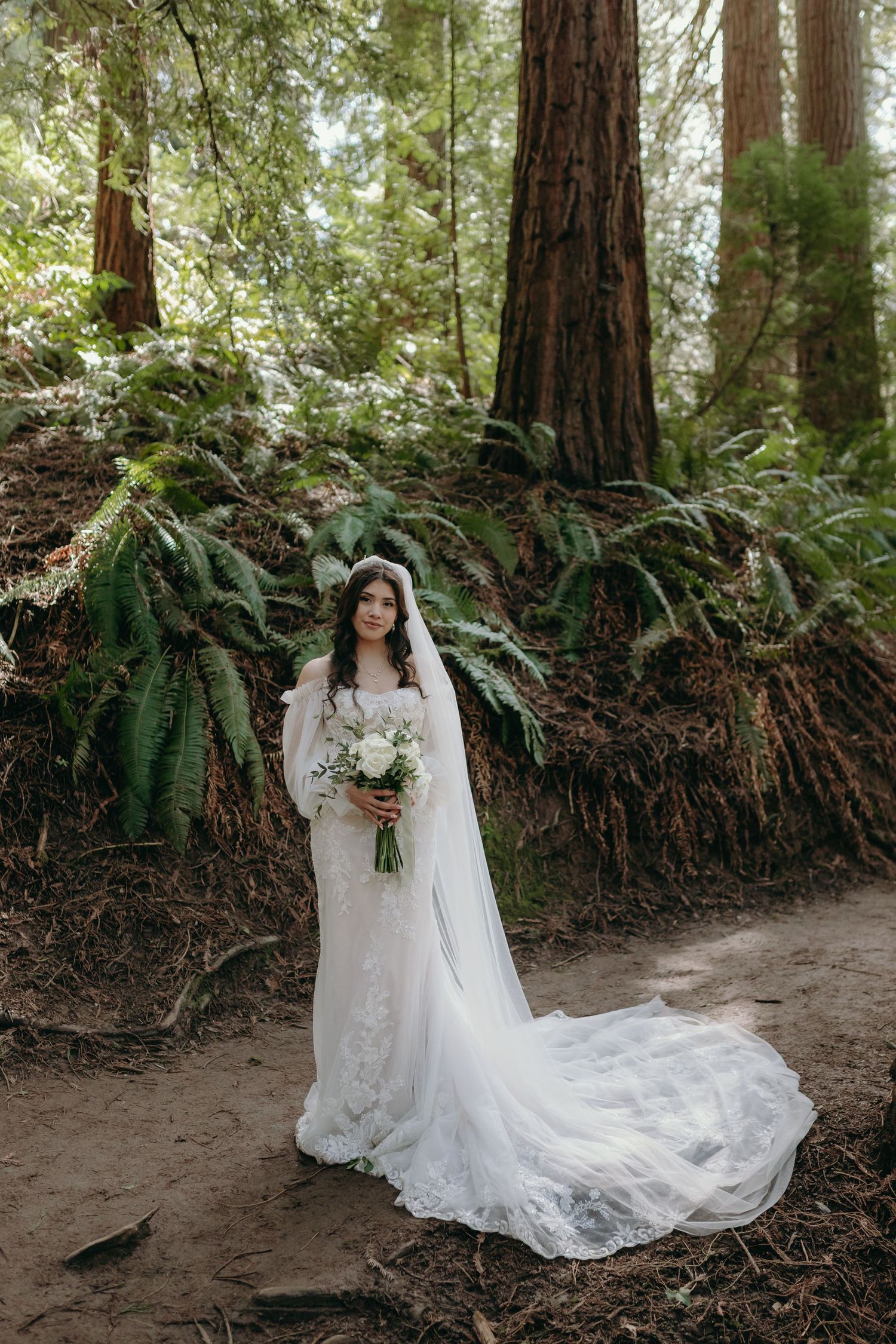 A bride in a lace wedding gown poses on a forest trail surrounded by towering redwood trees and lush ferns.