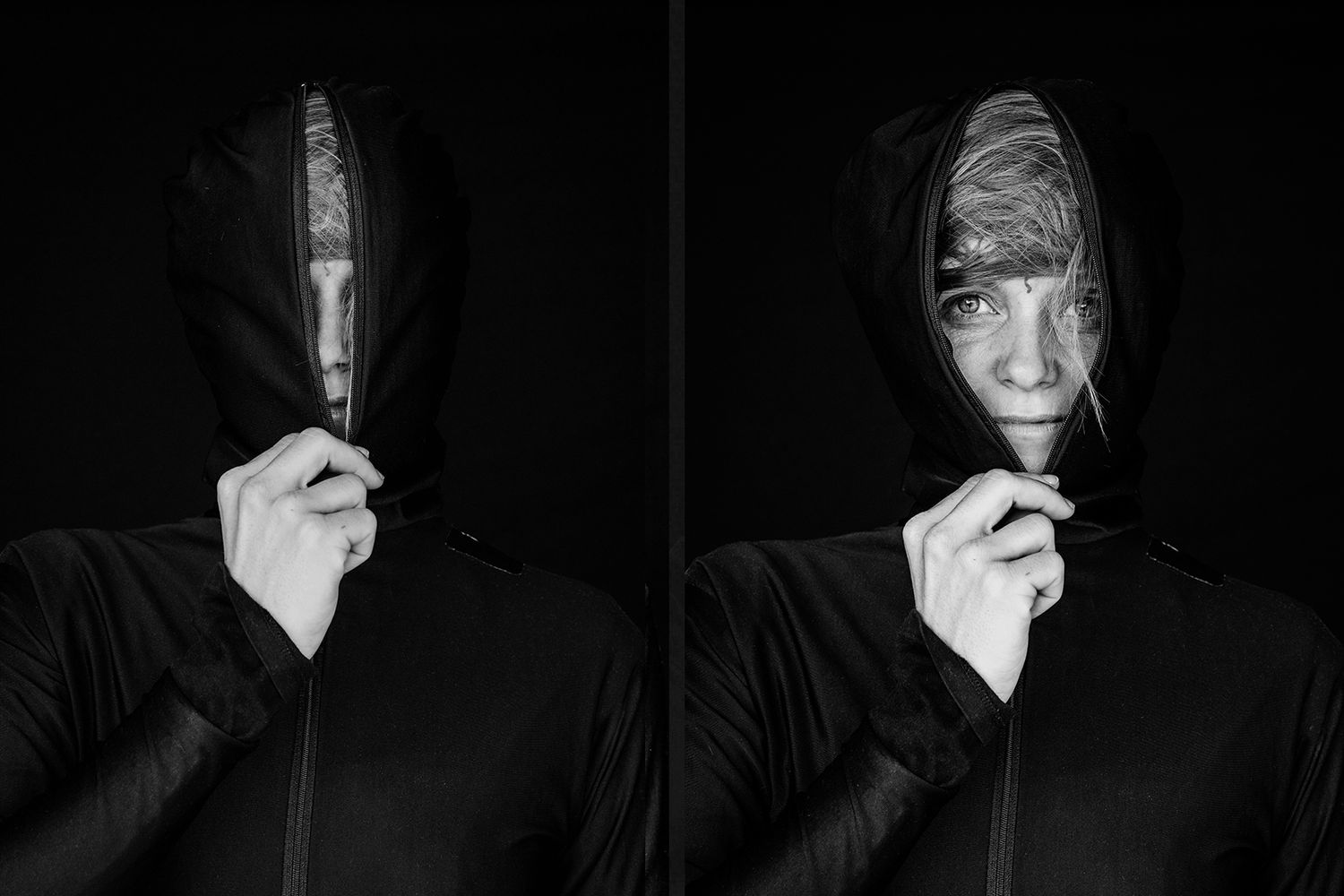 Doppelporträt einer Schauspielerin und Pantomimin, fotografiert von Jenny Jacoby – ein Spiel mit Identität, Enthüllung und Ausdruck.