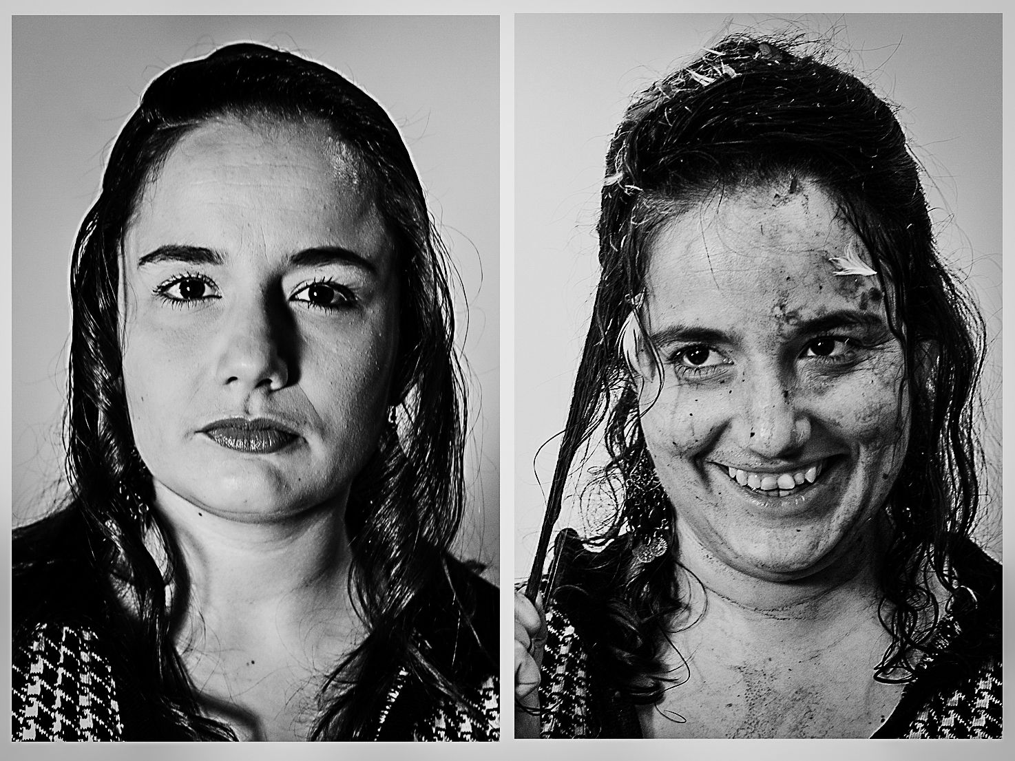 Schauspielerporträts von Jenny Jacoby: Diptychon in Schwarz-Weiß zeigt zwei Ausdrücke derselben Person – ernst und lachend.