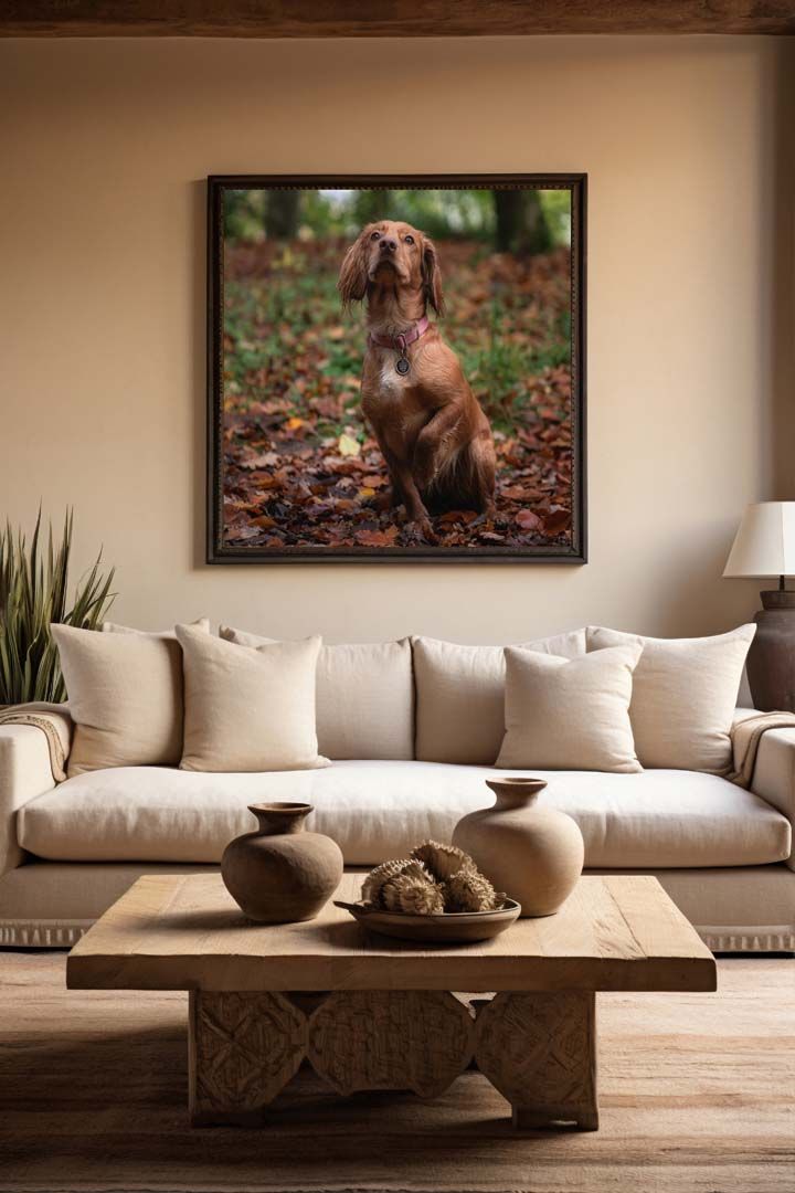 photograph of cocker spaniel, displayed in a frame on a wall of a room with a sofa below and a table in the foreground