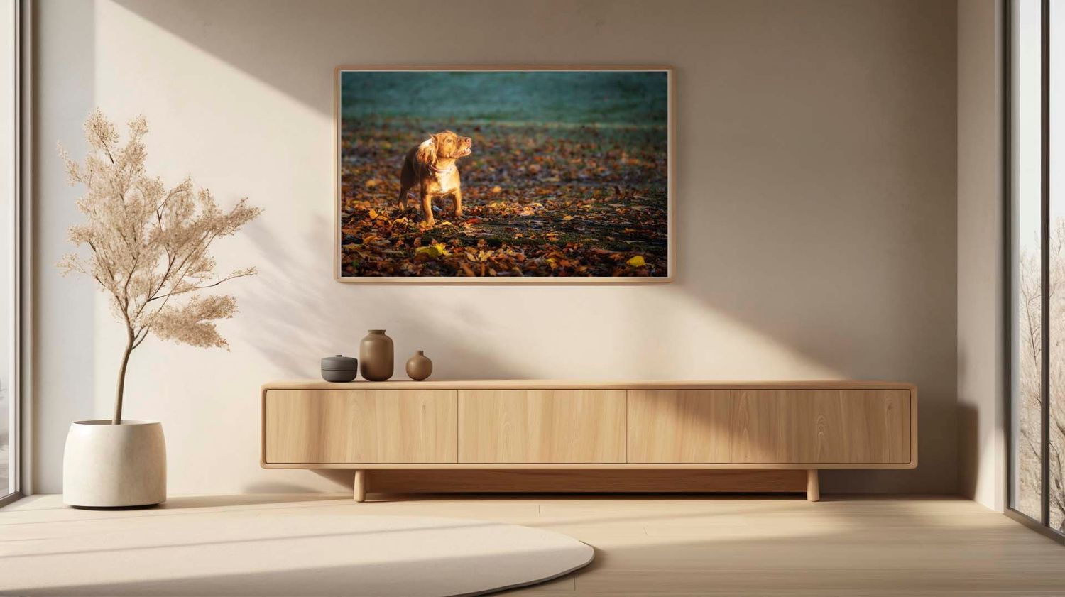 photograph of cocker spaniel, displayed in a frame on a wall of a room with a desk below and a plant in the corner