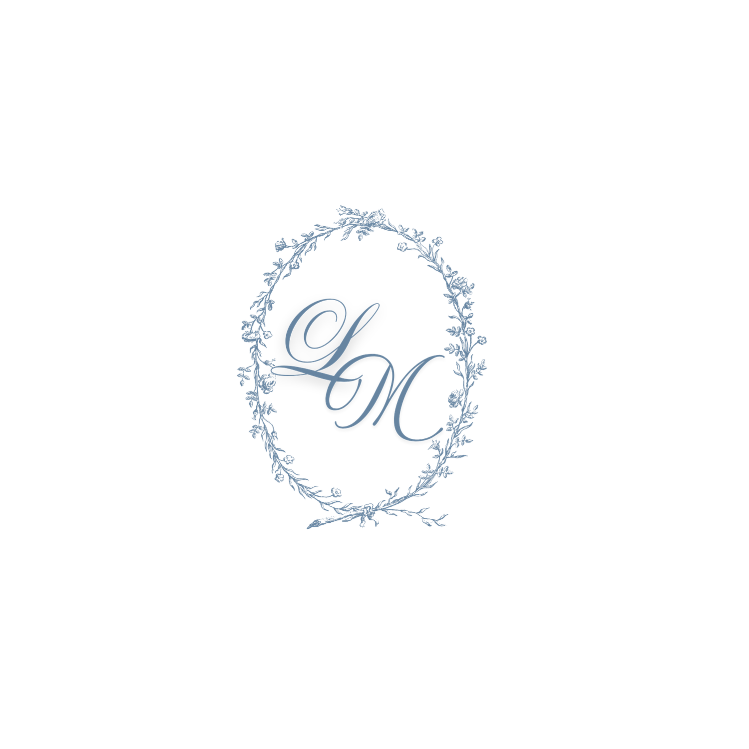 Elegant LM wedding monogram with delicate blue floral wreath frame in classic calligraphy script style.