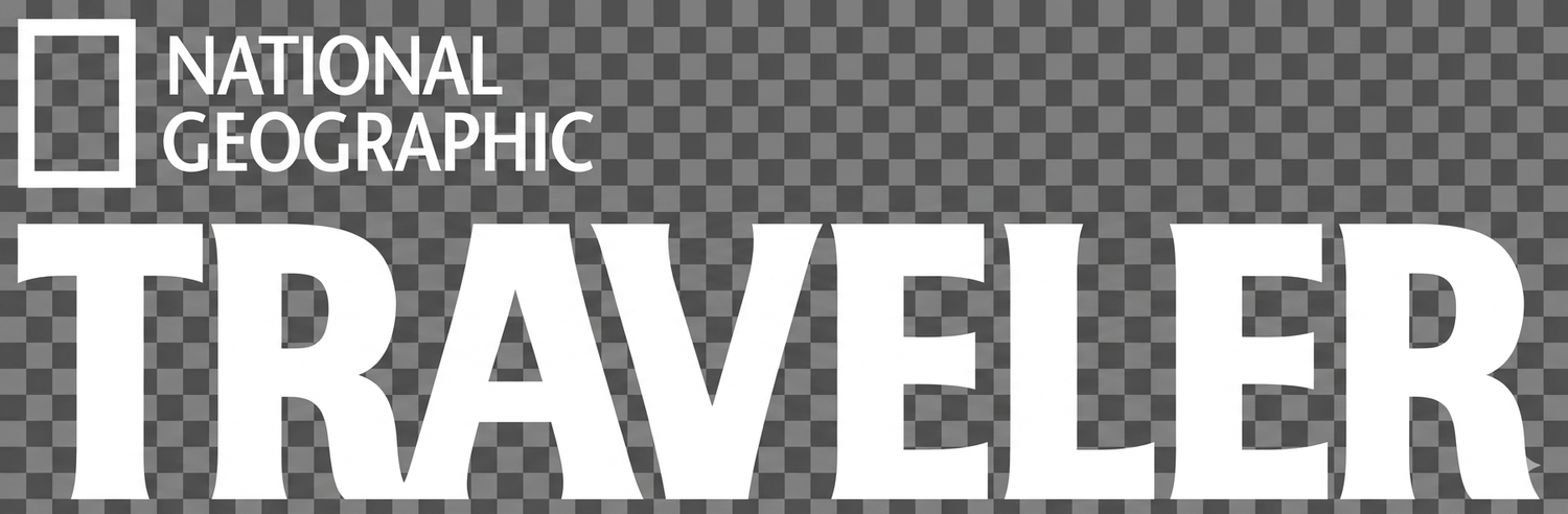 A black and white banner shows the National Geographic Traveler magazine logo with a checkered pattern background.