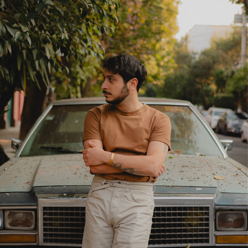 A person in a brown shirt leans against a vintage car on a tree-lined street during golden hour.