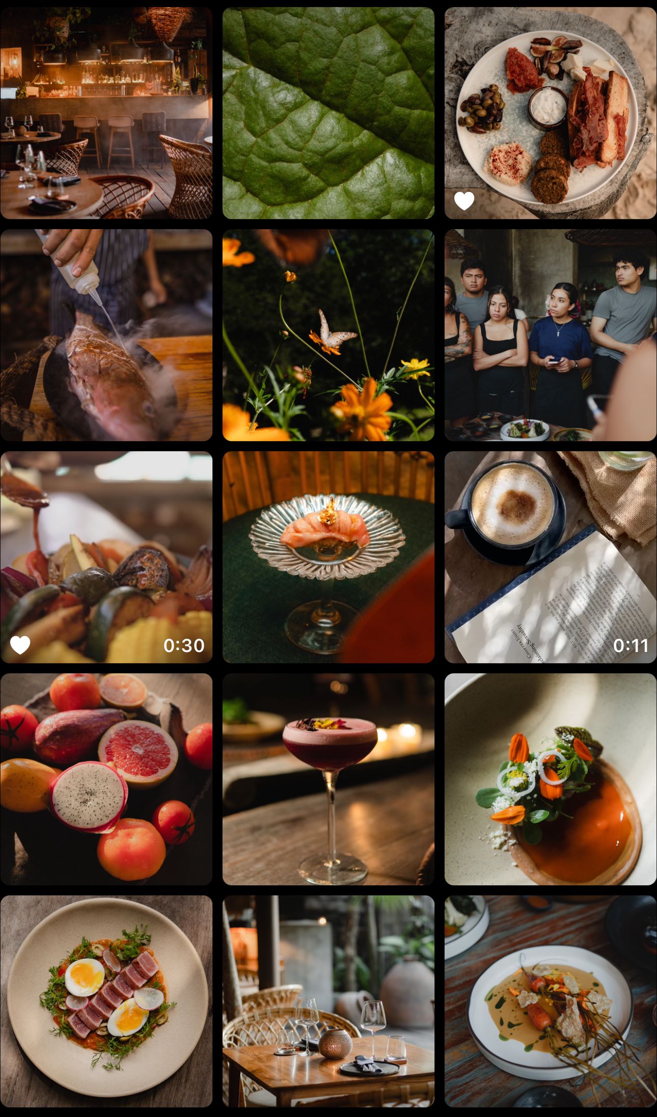 Collection of artfully plated dishes and cocktails from an upscale restaurant.