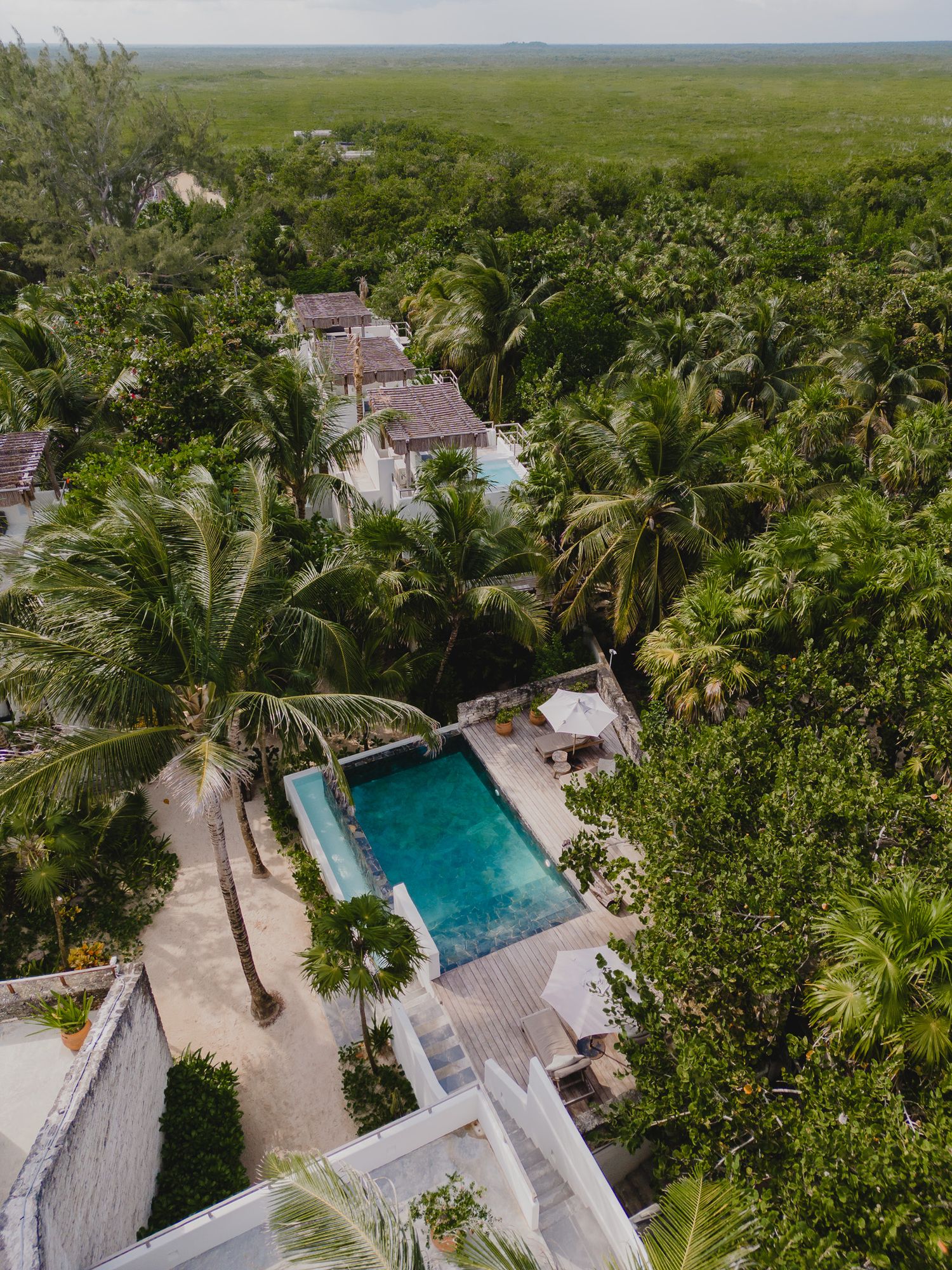Aerial views of a luxury villa with infinity pools and lush tropical gardens surrounded by palm trees in an exotic location.