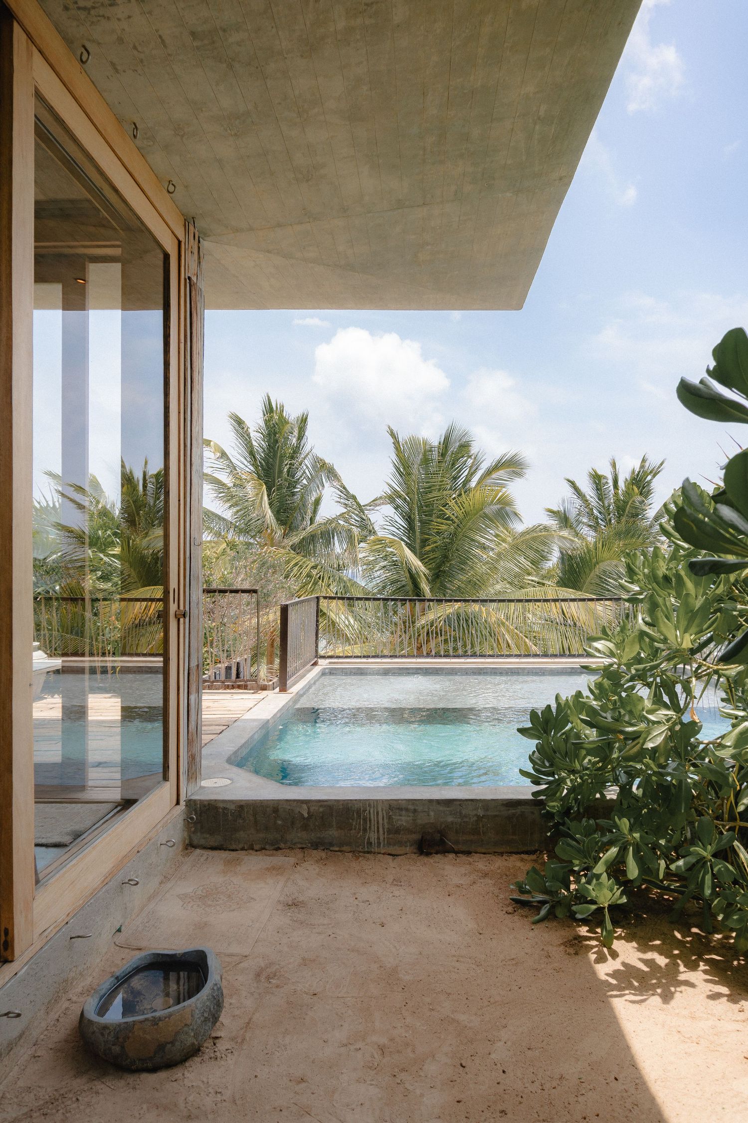 Modern beachfront terrace with infinity pool and palm trees framing a panoramic ocean view.