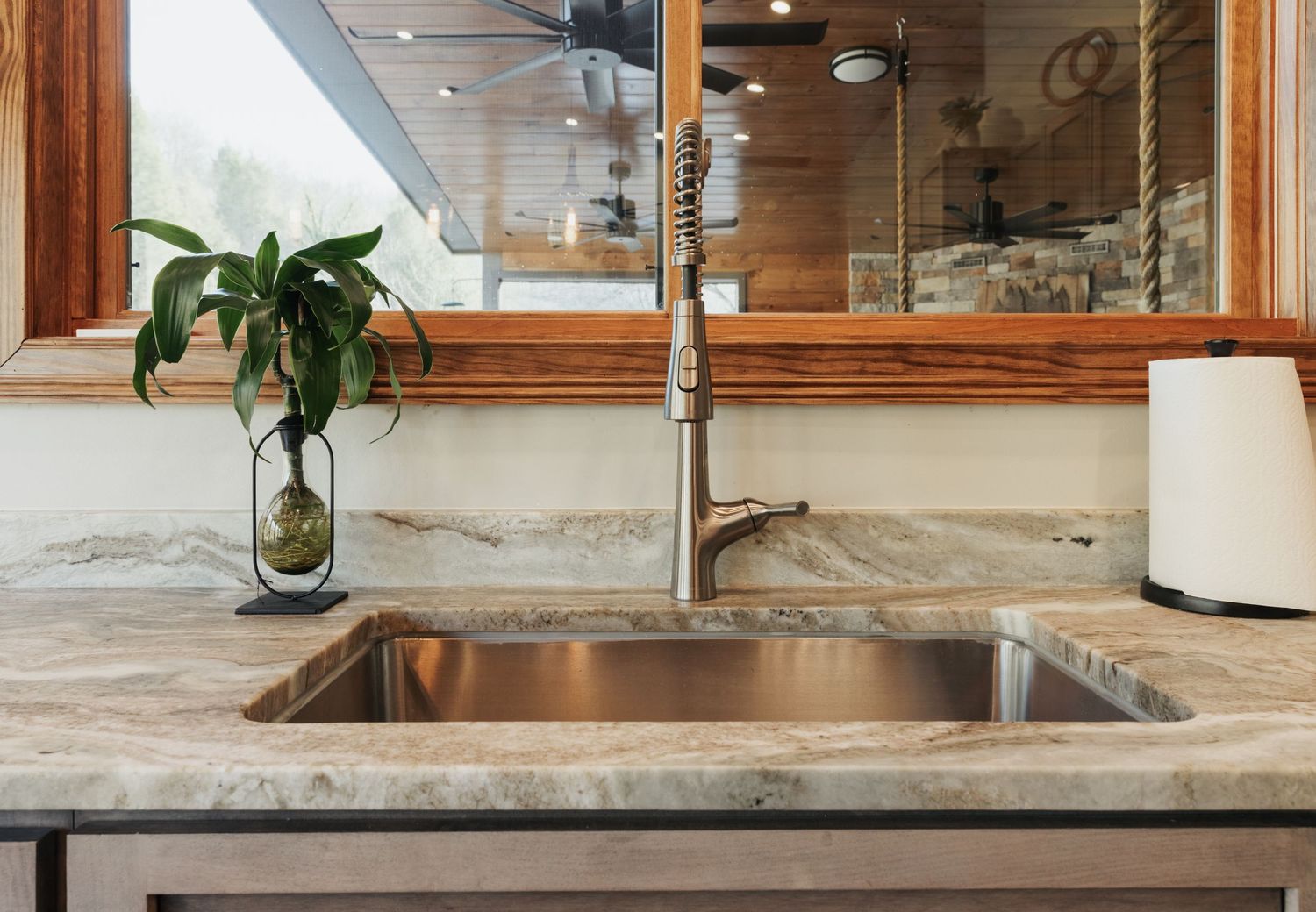 Detail shot of a kitchen sink showing a large faucet and a green houseplant resting beside it.