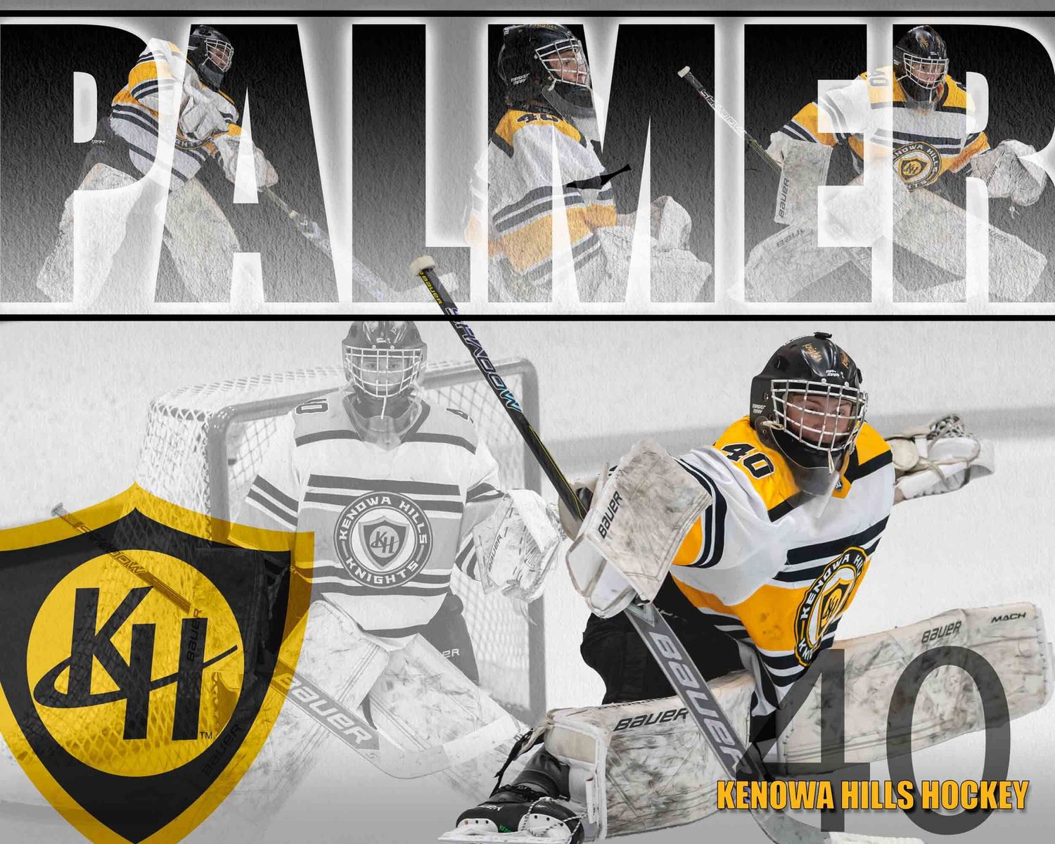 Black and gold sports team branding banner with hockey imagery and athletic design elements.