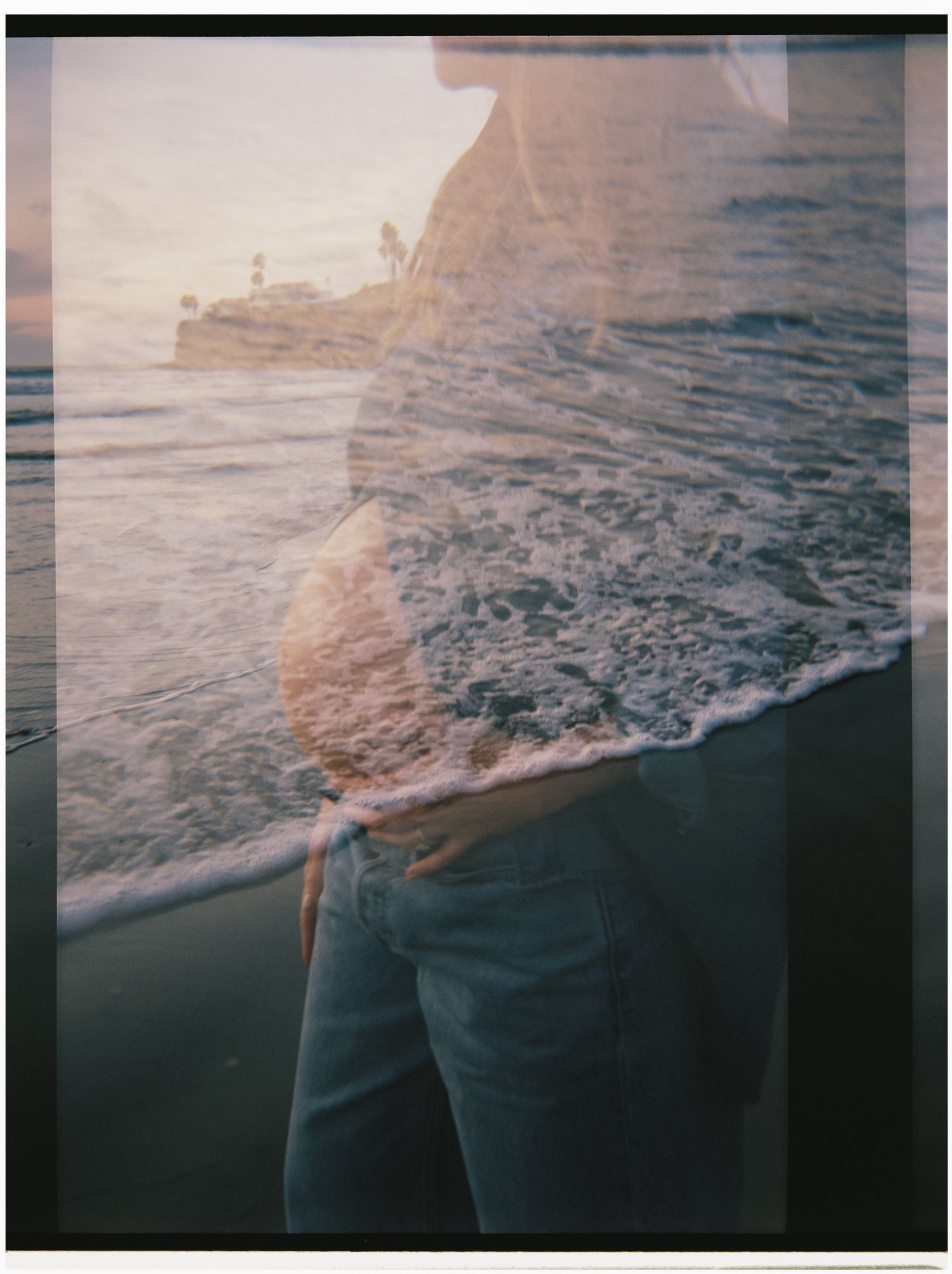 Multiple overlapping film photographs show waves crashing on a beach at sunset with a dreamy, ethereal quality.