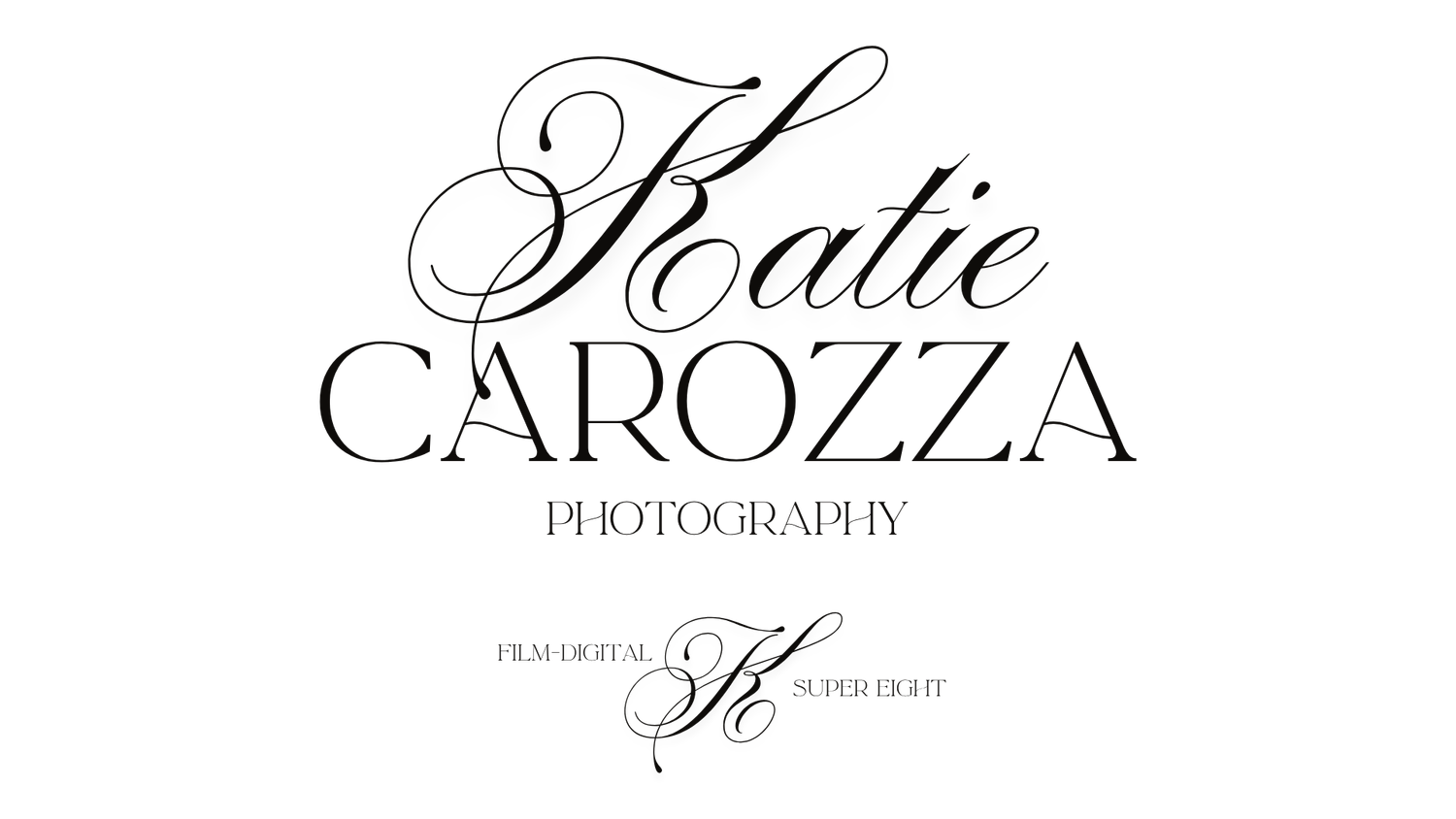 Katie Carozza Photography logo featuring elegant script and serif typography with film, digital, and super eight text.