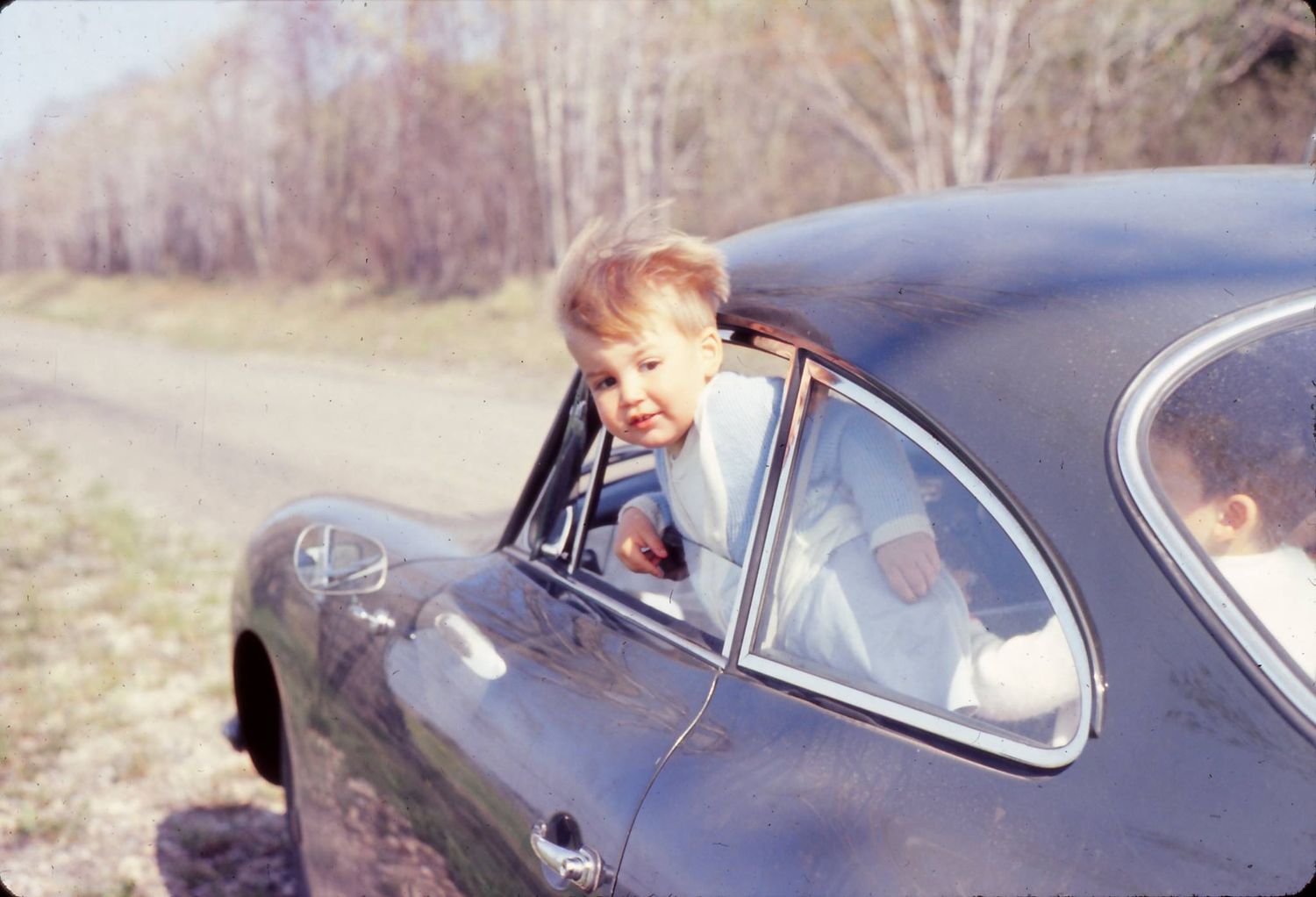 A sequence of vintage photos showing someone entering and getting situated in a classic car from multiple angles.