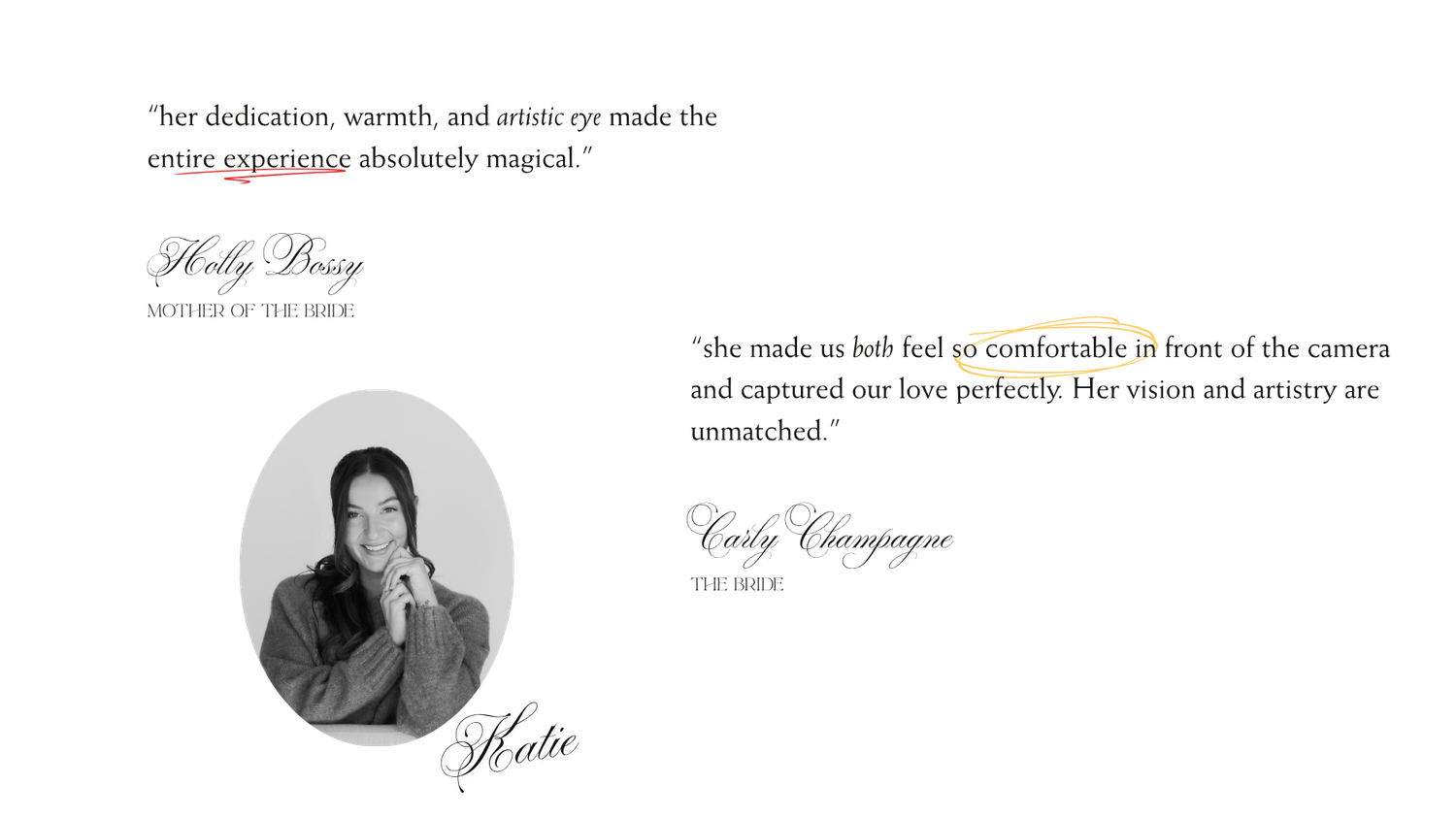 Professional photographer portfolio page featuring client testimonials and a black-and-white portrait of a woman posing thoughtfully.