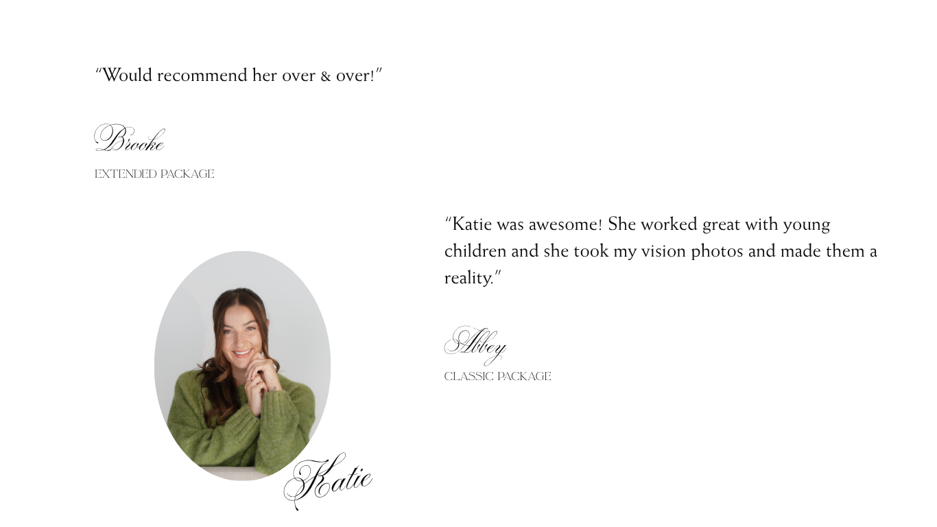 A photography studio testimonials page featuring a portrait of photographer Katie with client reviews praising her work.