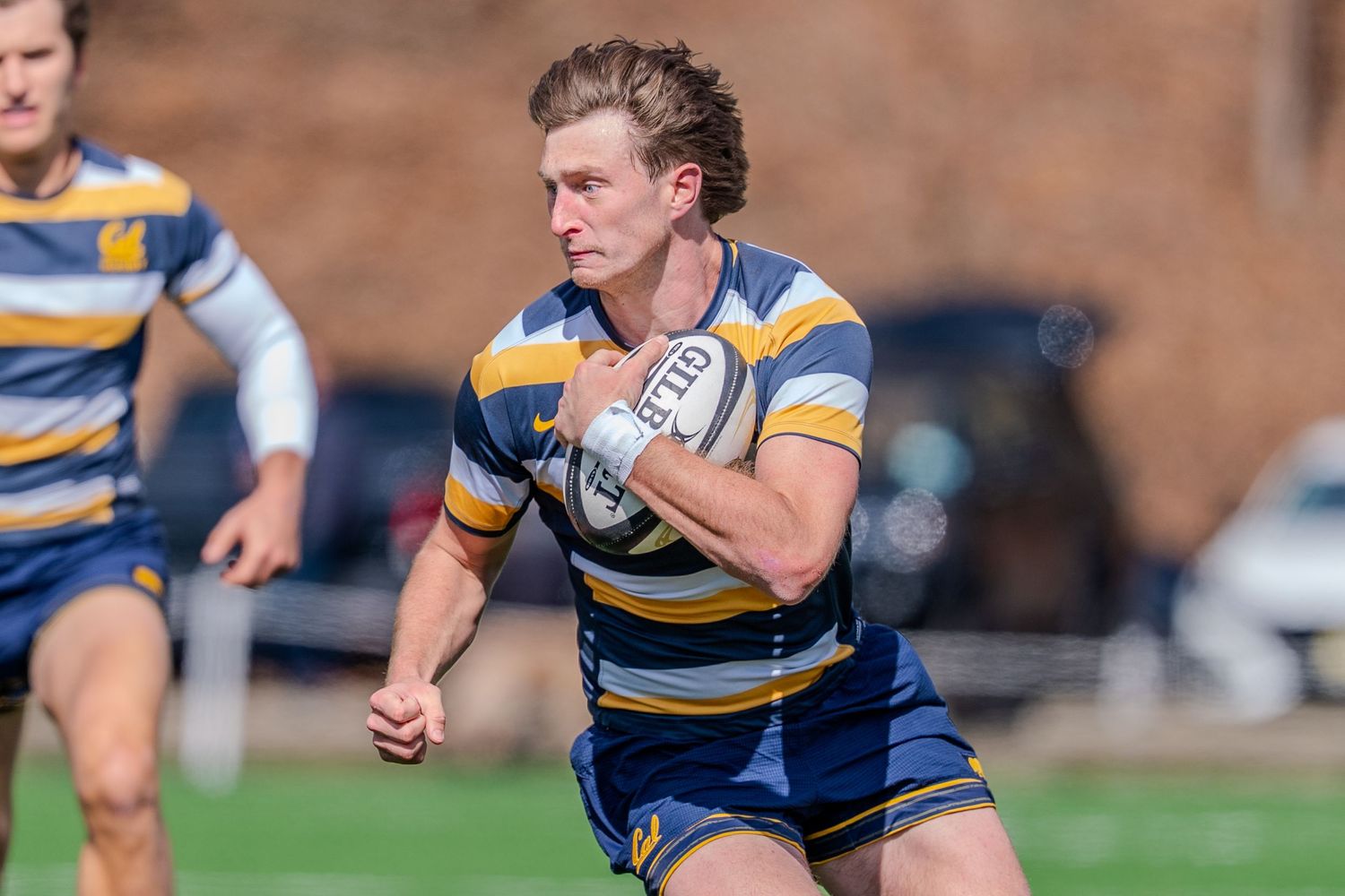 Rugby players in blue and yellow striped jerseys compete during an intense match on the field.