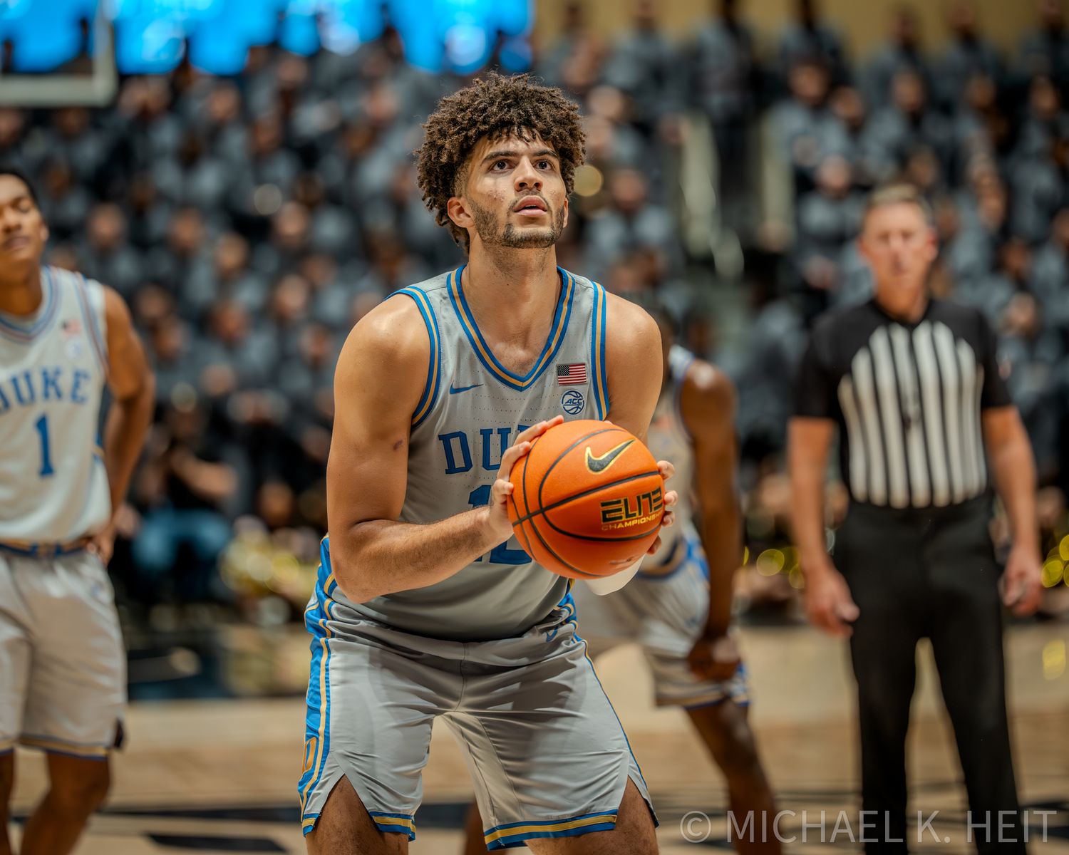 Duke Basketball player Cameron Boozer shooting a free throw at West Point.