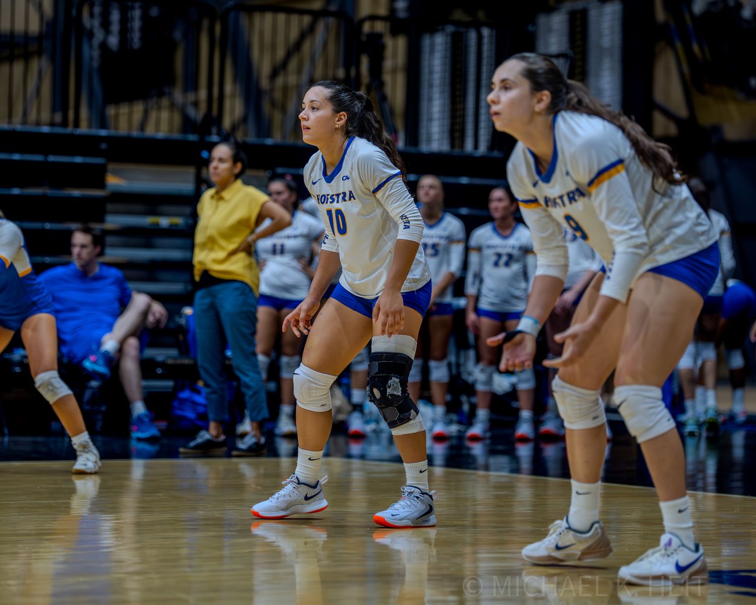 Volleyball athletes crouch in ready position during a competitive indoor match.