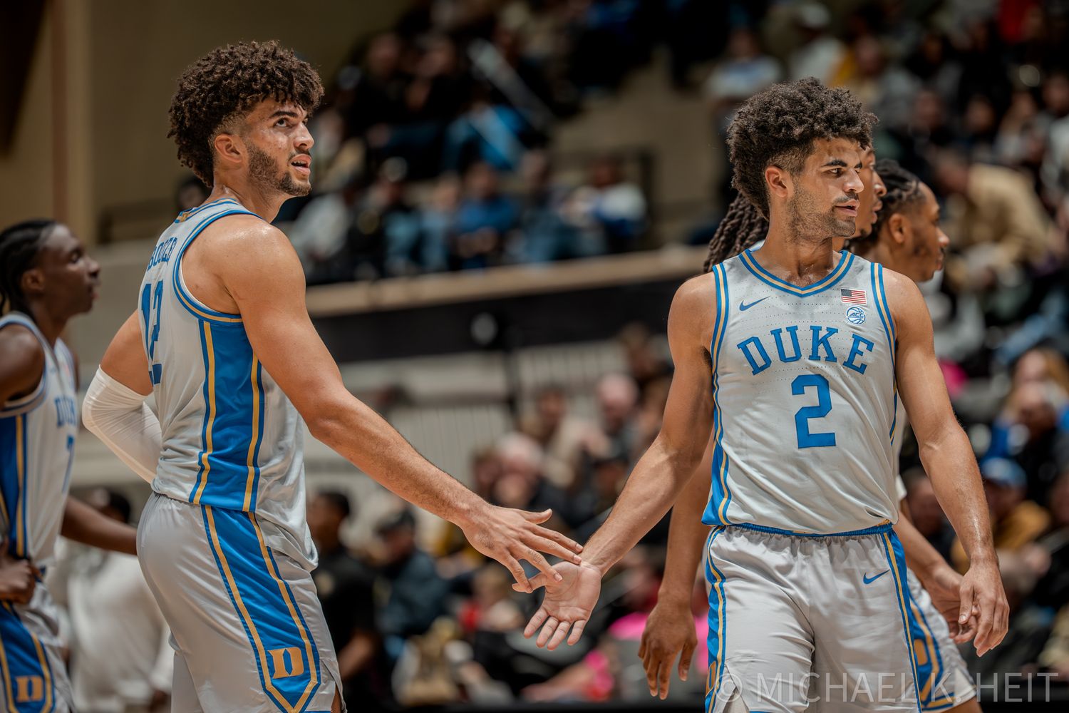 Duke basketball players Boozer brothers celebrate with a five during a game.