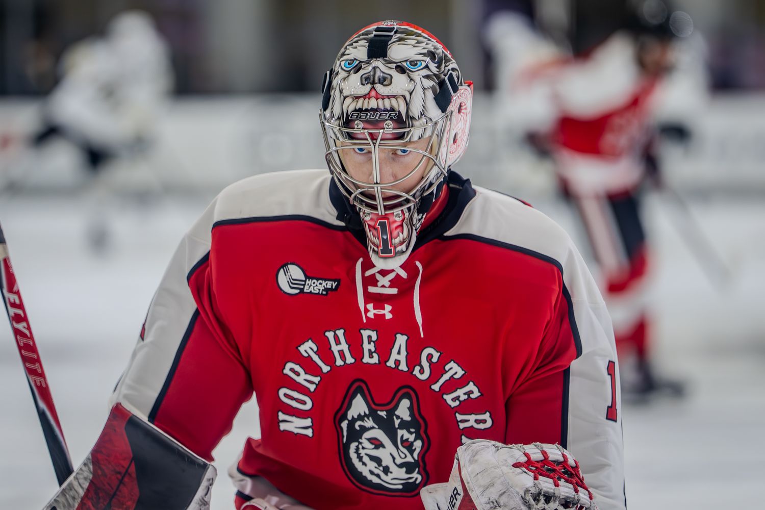 Ice hockey players in red and black jerseys compete during a game with goalies defending their nets.