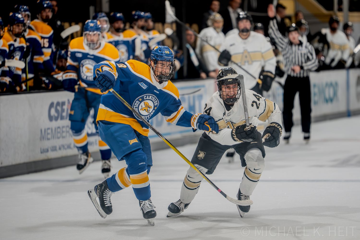Two hockey players battle for position during fast-paced game action.