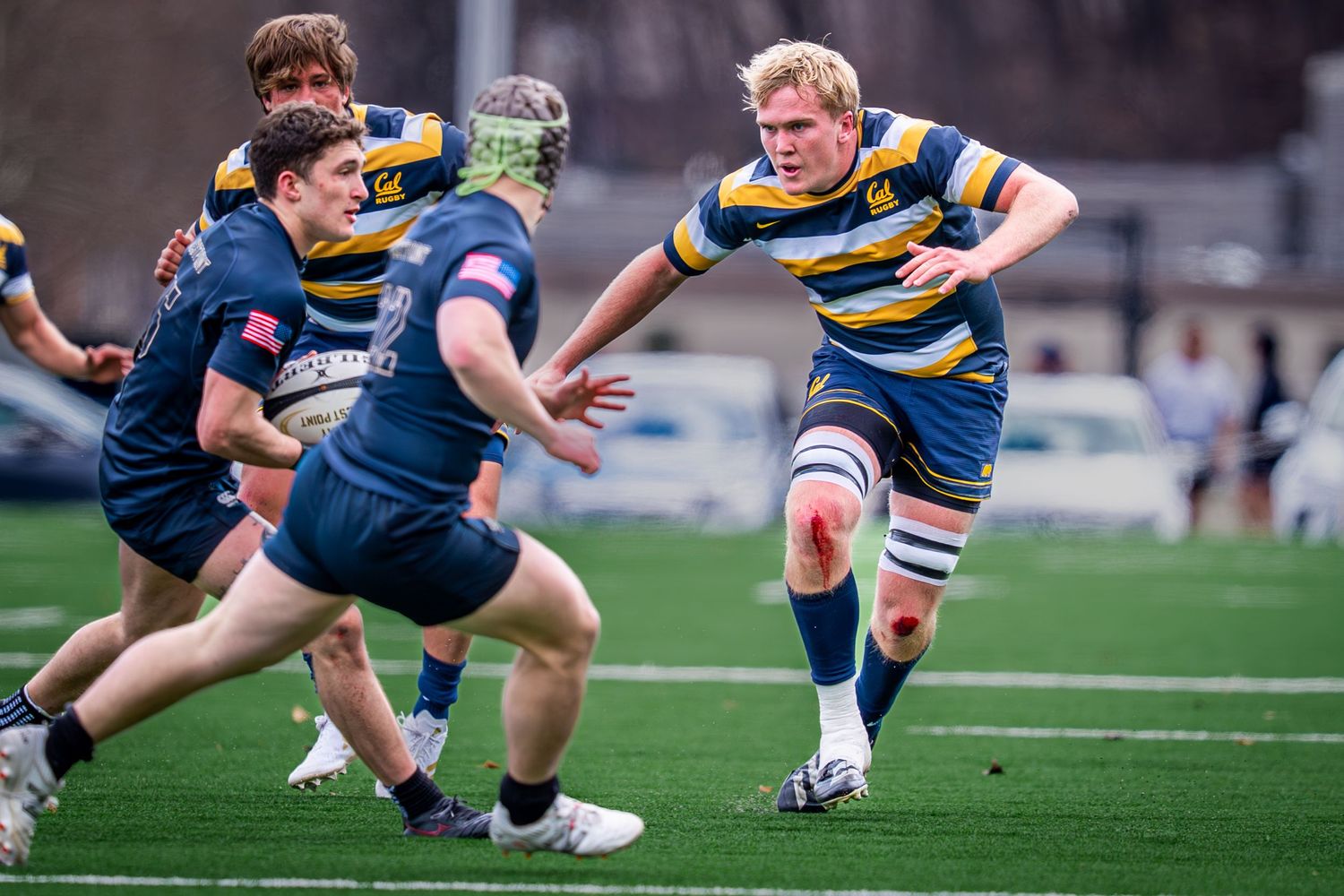 Rugby players in blue and yellow striped jerseys compete during an intense match on a sports field.