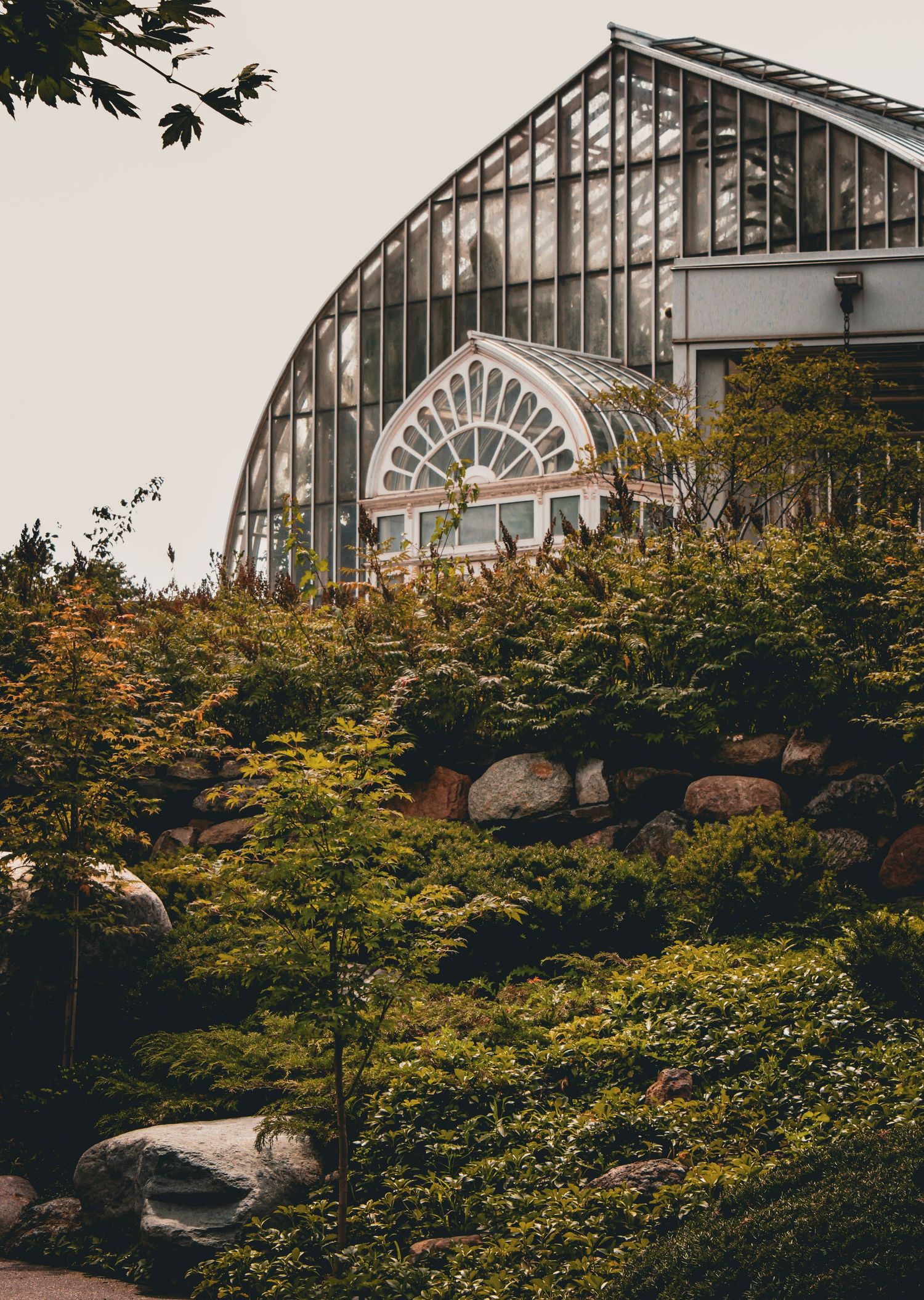 Glass greenhouse structure with ornate architectural details peeking through autumn foliage.