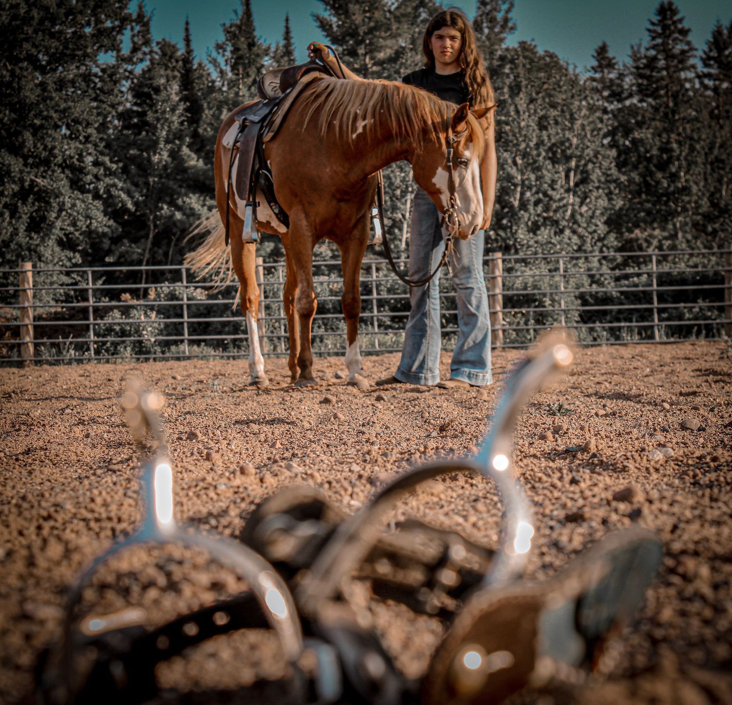 Woman standing with a chestnut horse in a sandy corral, with spurs in the foreground and pine trees behind.
