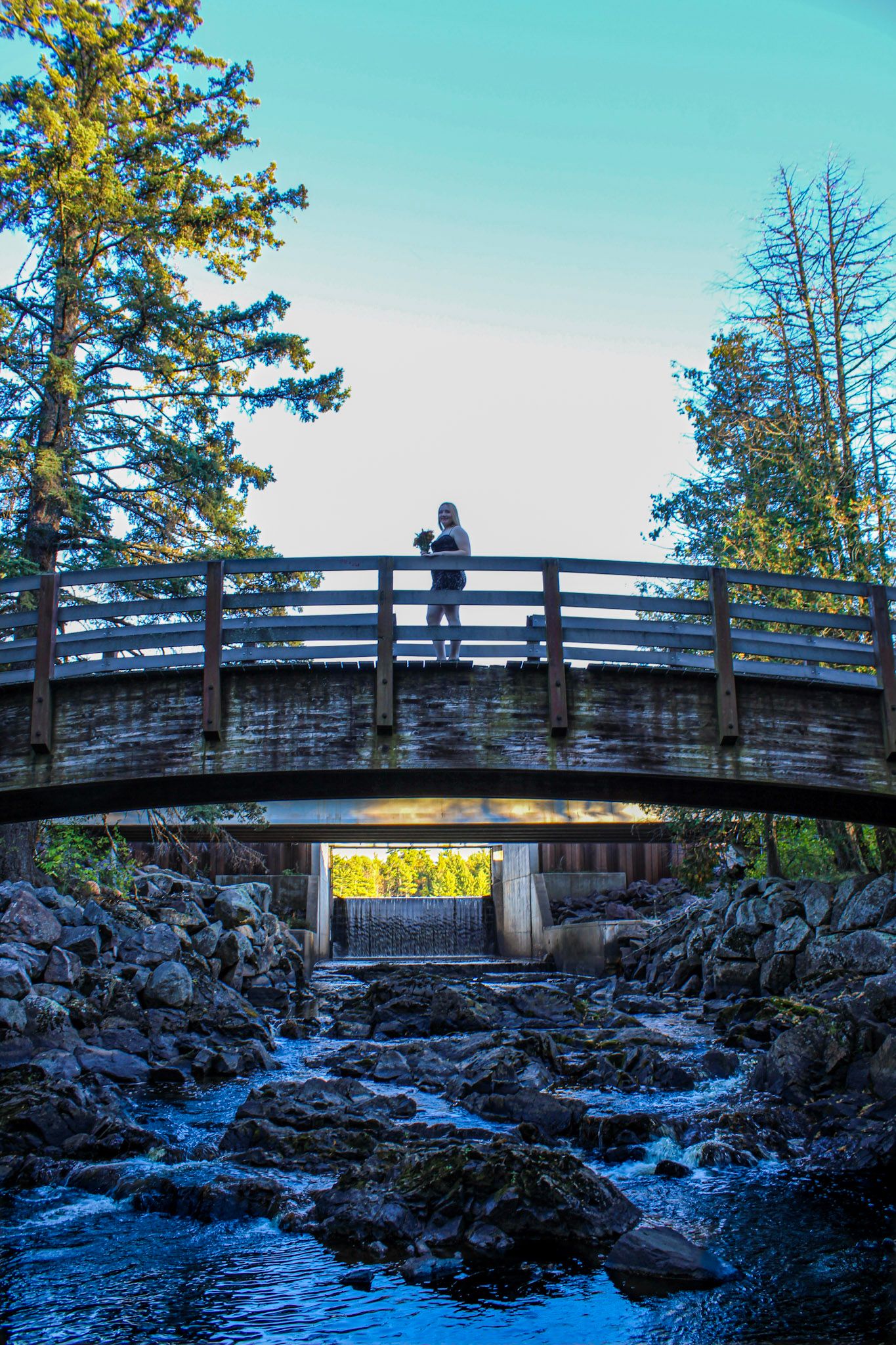 Wooden footbridge spans rocky river gorge with evergreen trees against blue sky.