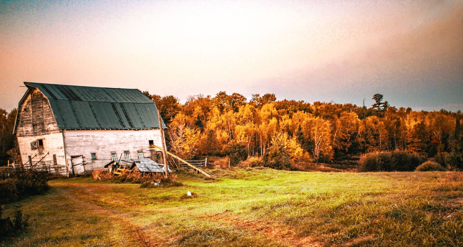 Rural autumn landscape with golden sunlight illuminating rustic barns and fields.