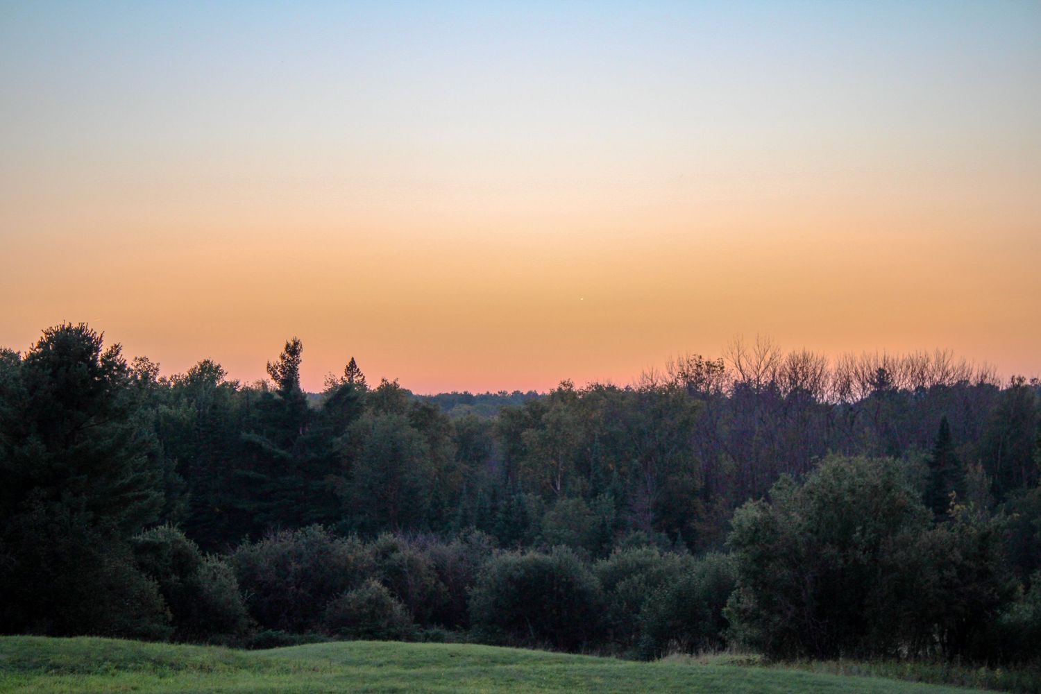Serene sunset sky with gradient colors stretching across the horizon over a treeline silhouette.