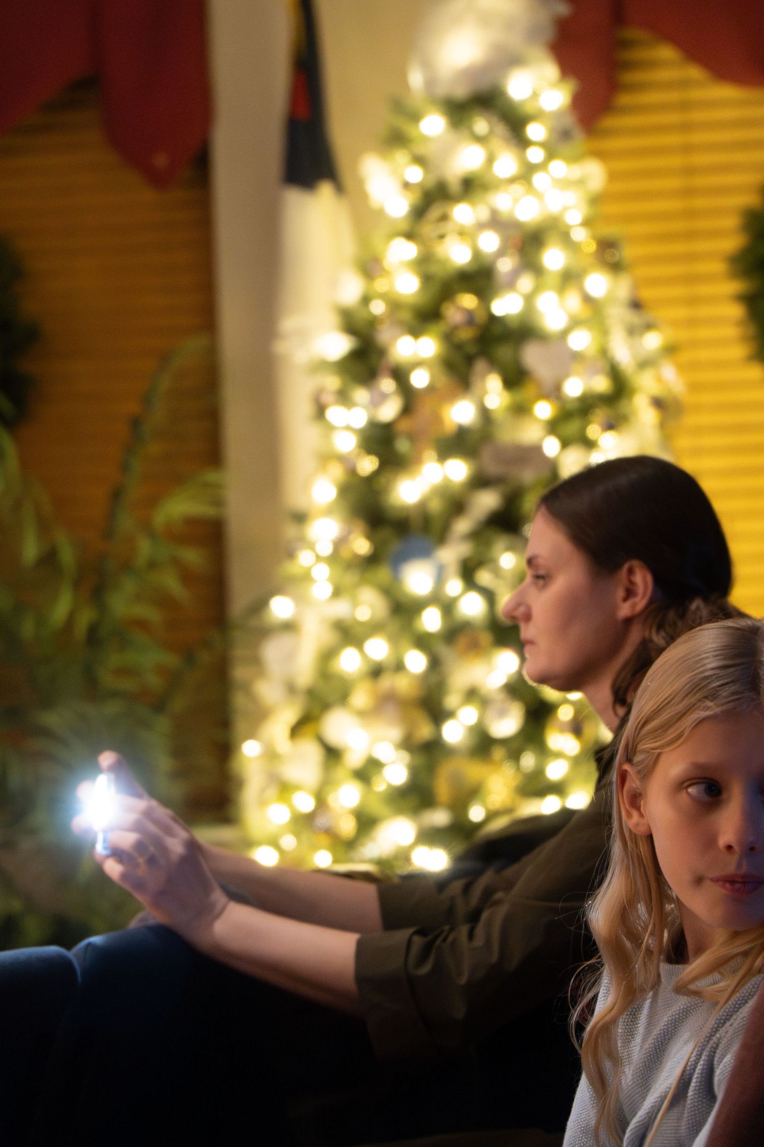 Candlelit scene with decorated Christmas trees glowing in background.