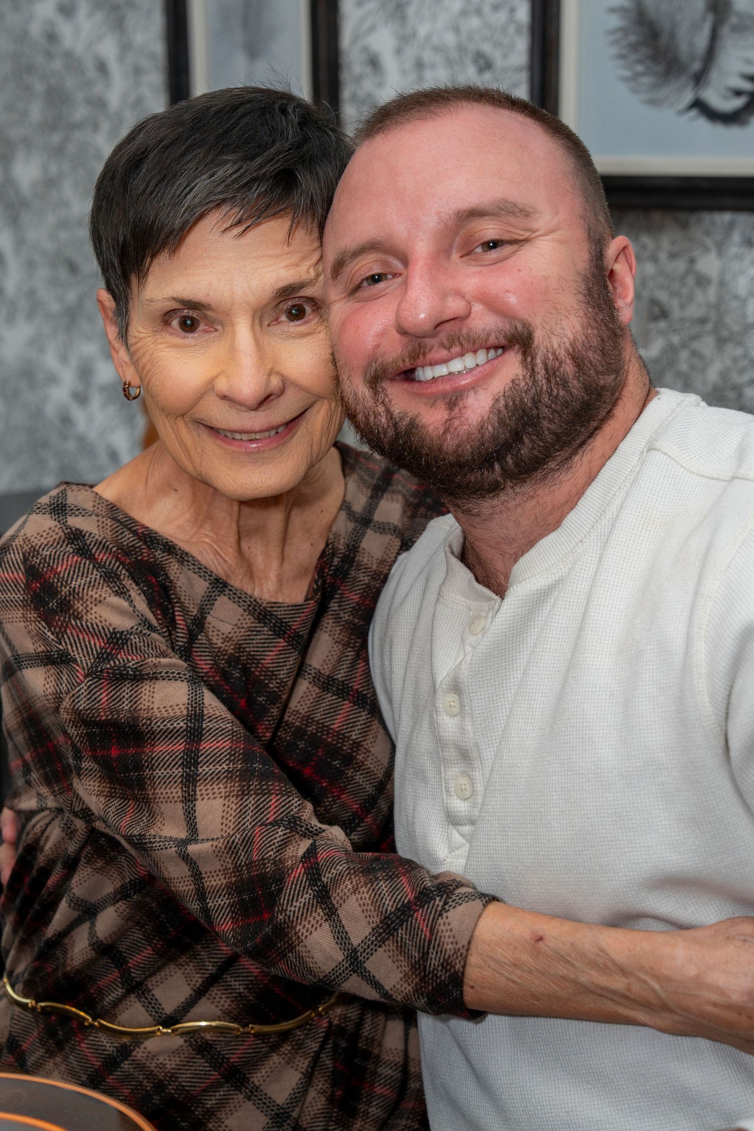 A heartwarming series of photos showing a woman in a plaid shirt and a man in white sharing joyful moments together.