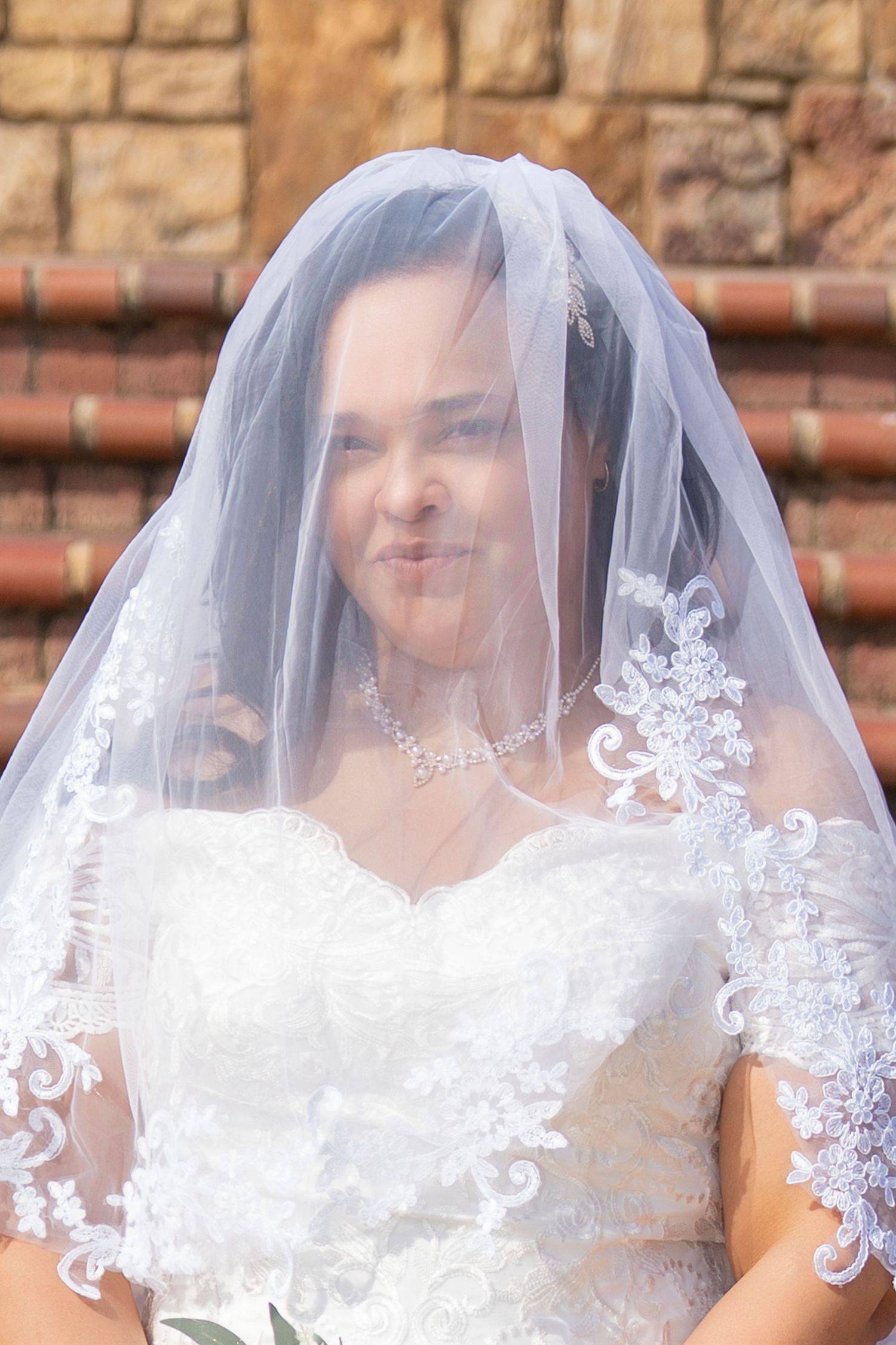 A bride wearing a delicate lace veil stands against a brick wall background in a series of overlapping portraits.