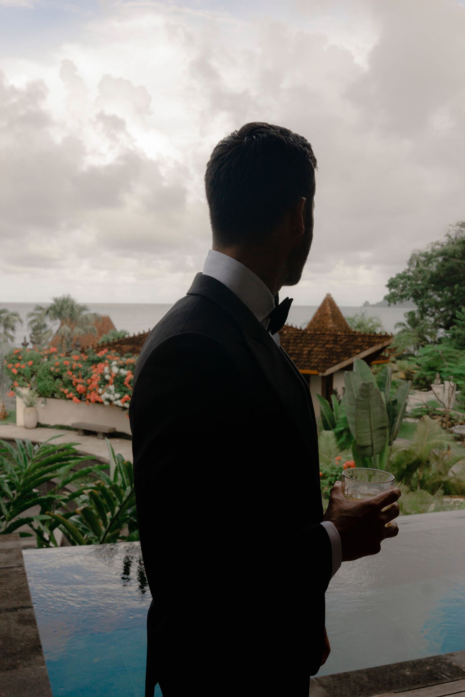 Silhouette of people in formal wear against cloudy sky and tropical landscape.