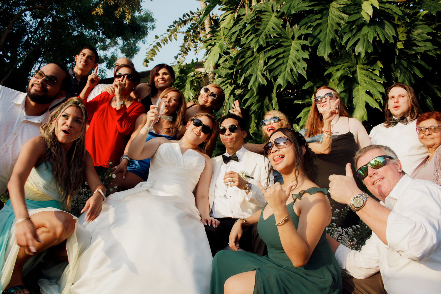 Casual outdoor wedding gathering with guests under palm trees.