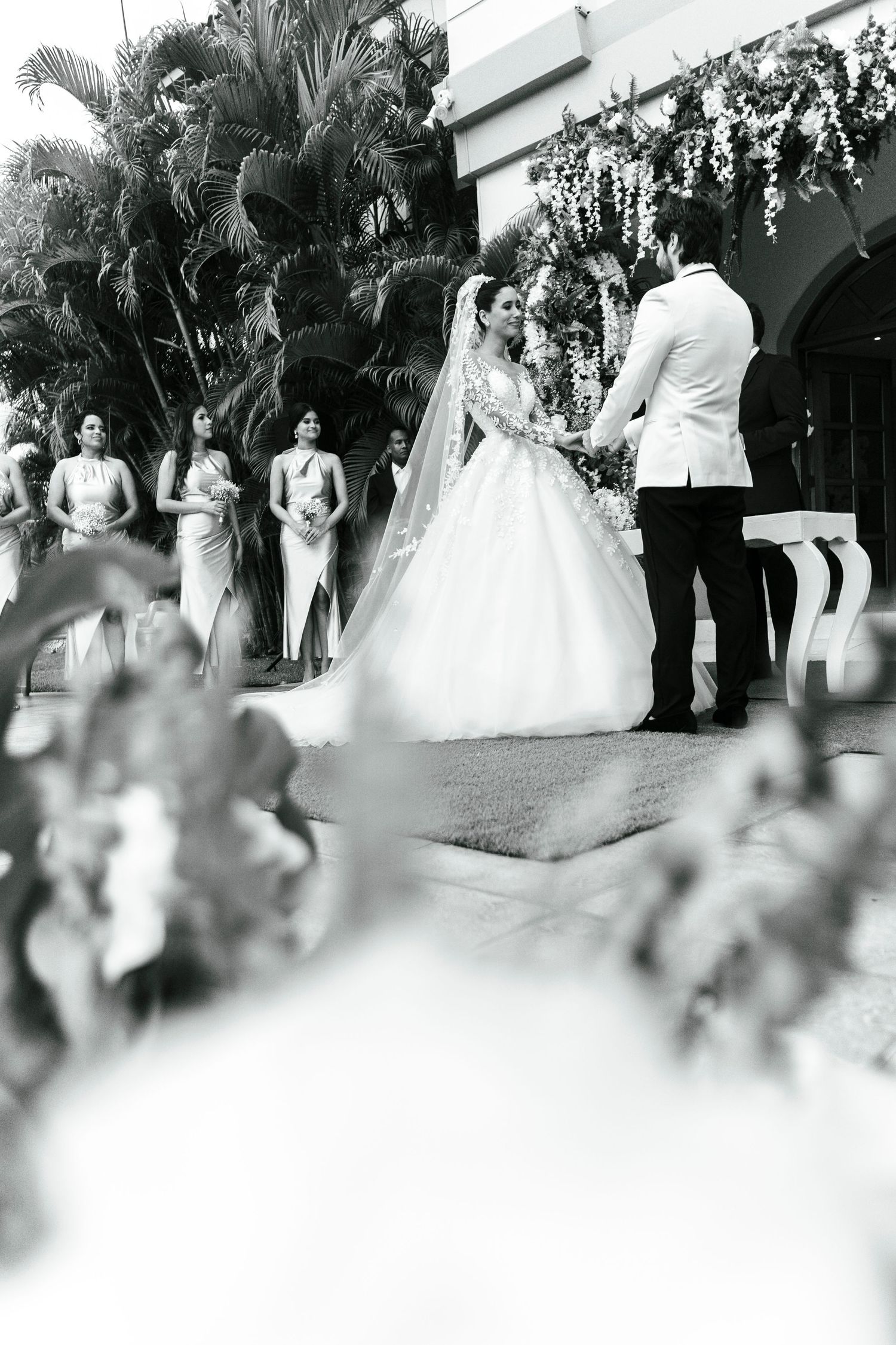 Wedding party lineup in black and white with tropical garden setting.