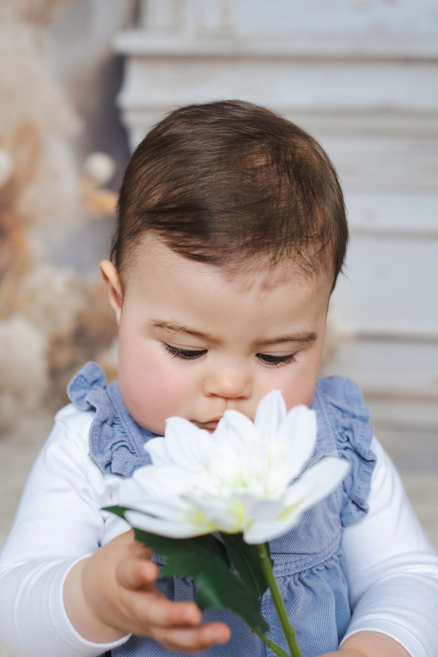 A baby in blue overalls smells a large white flower while sitting on outdoor steps.