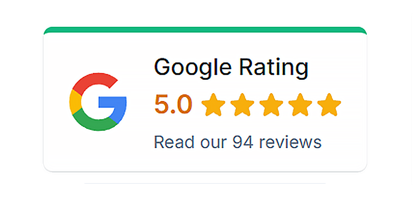 Google rating banner showing 5.0 stars with 94 reviews and Google logo.