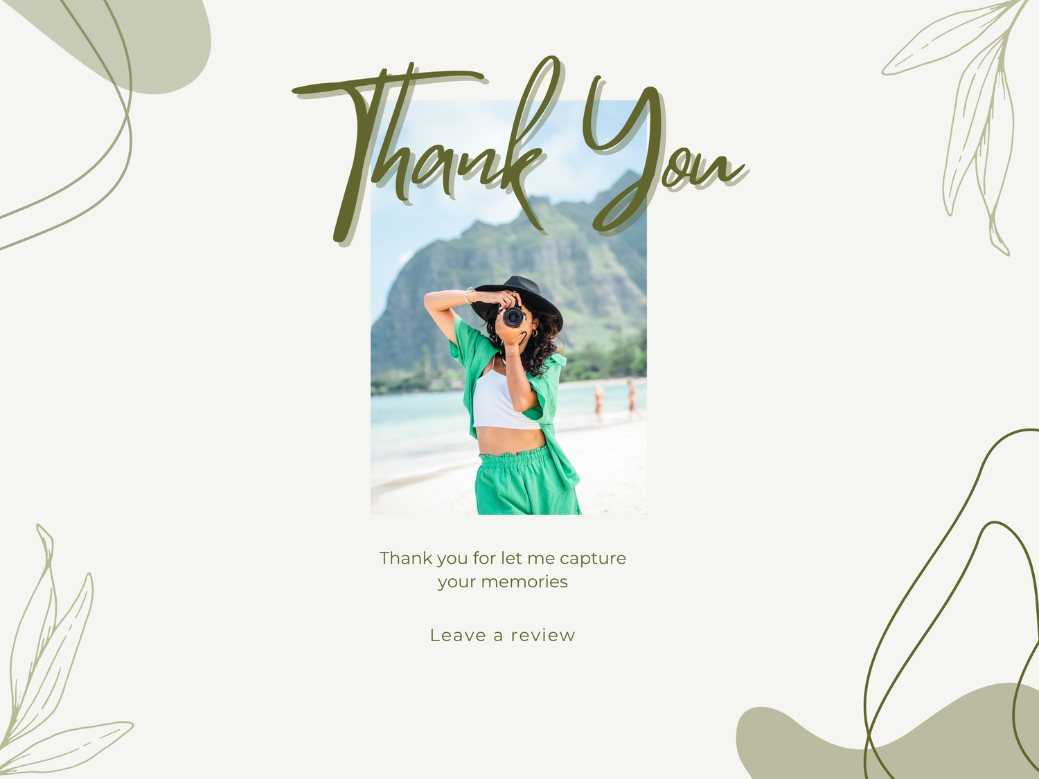 A professional photography thank you card design with elegant greenery and botanical elements in a sage green color scheme.