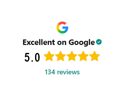 Google rating badge showing 5.0 stars with 134 excellent reviews and verified checkmark.
