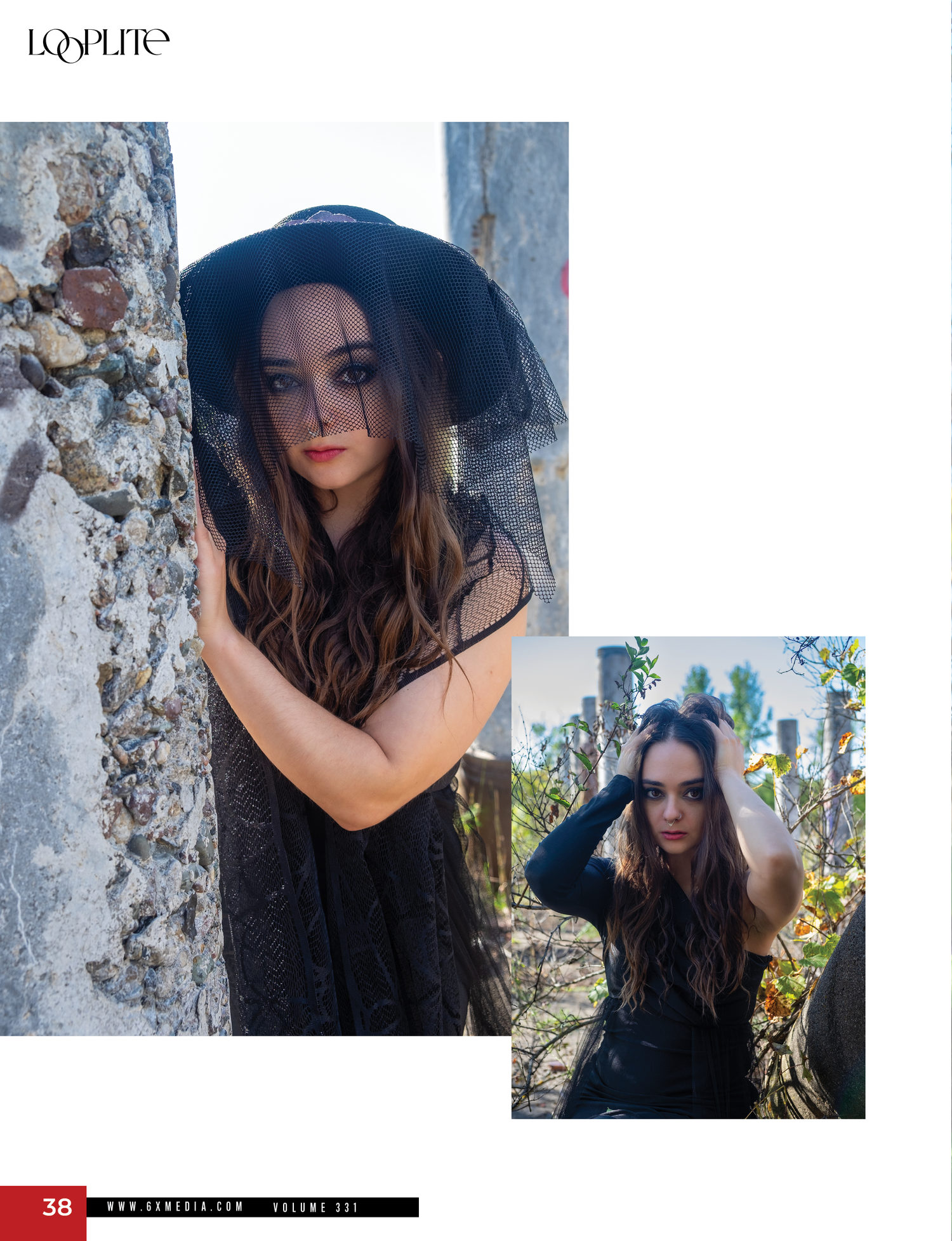 Gothic fashion editorial spread featuring black dress and hat against textured backgrounds.
