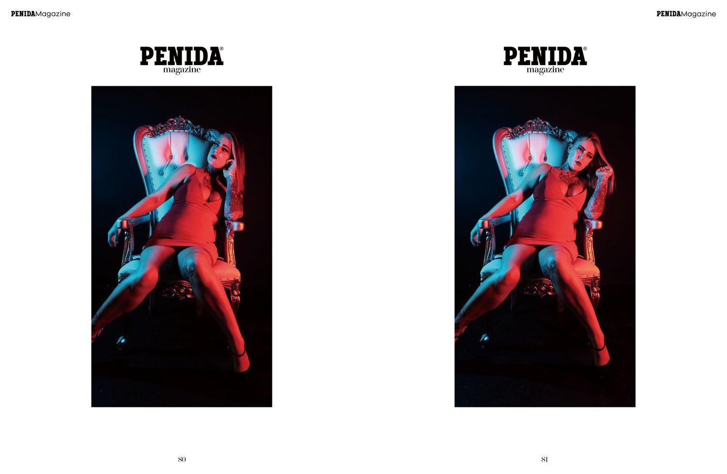 Artistic fashion photo in red and blue lighting showing a dramatic pose against dark background.