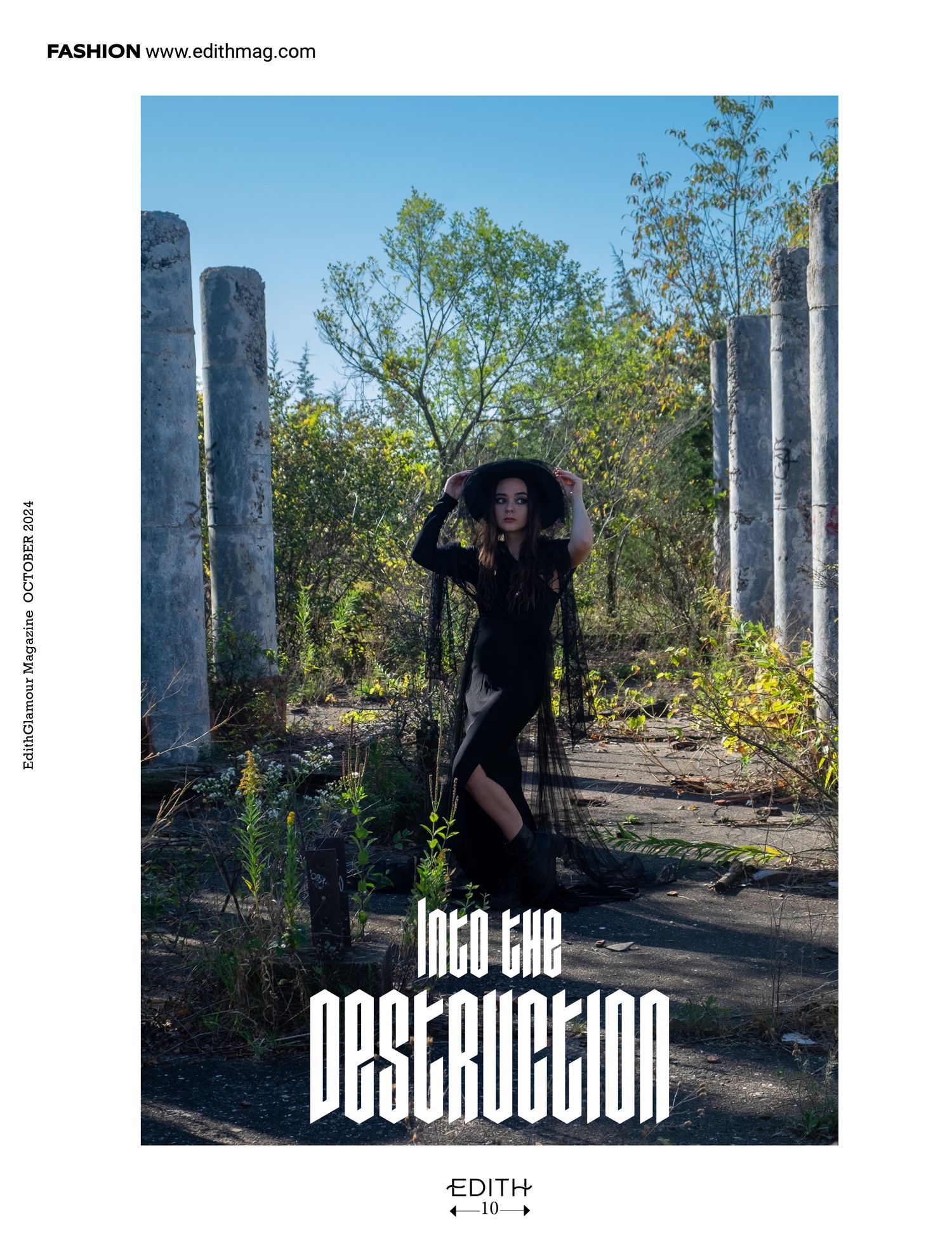 Gothic fashion editorial with stone pillars in natural setting.