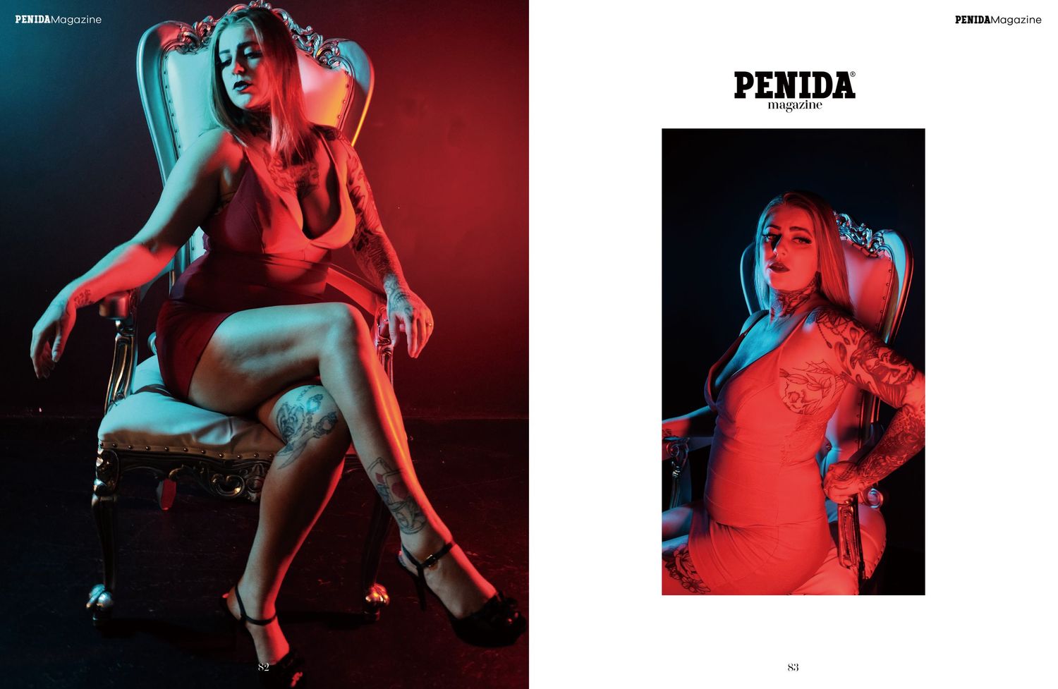 Editorial fashion spread featuring contrasting red and cyan lighting effects.