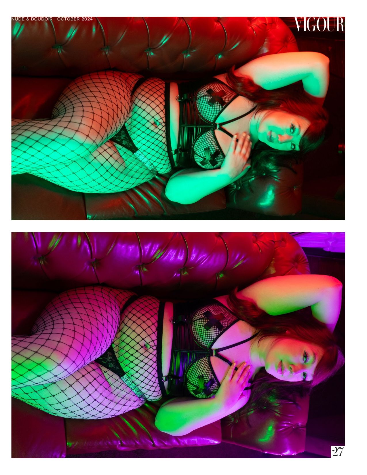 Artistic boudoir photos with dramatic red and green lighting effects.
