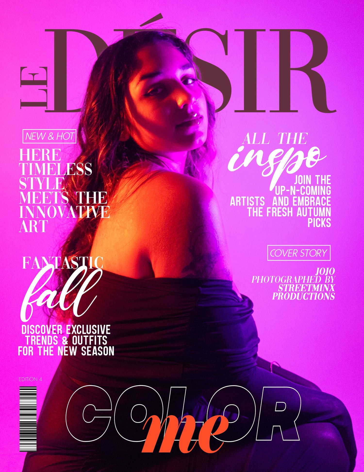 Fashion magazine cover with neon pink lighting and text overlay featuring model in dramatic pose.